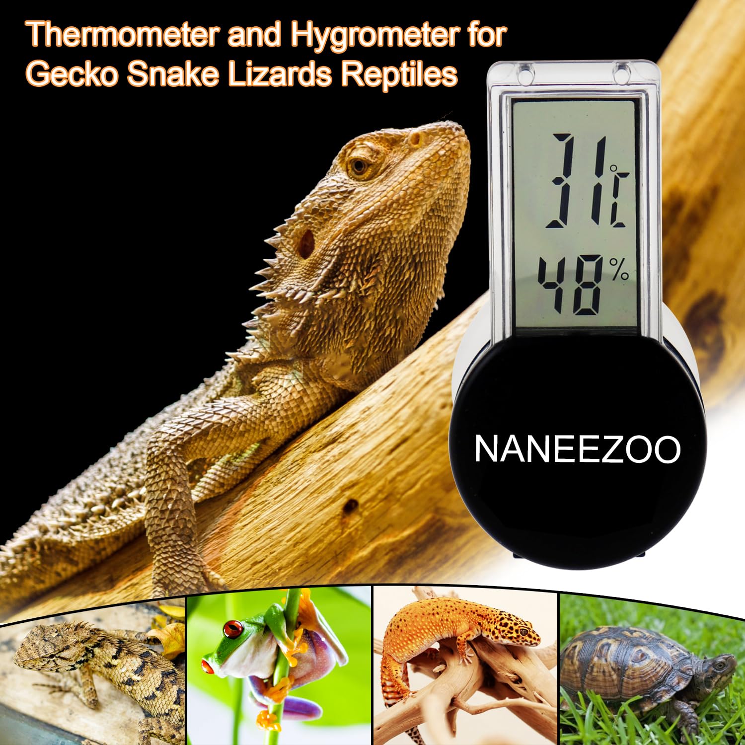 NANEEZOO Reptilien Terrarium Thermometer Hygrometer Digital LCD Display Haustier Hütebox Reptilien Tank Thermometer Hygrometer mit Saugtasche