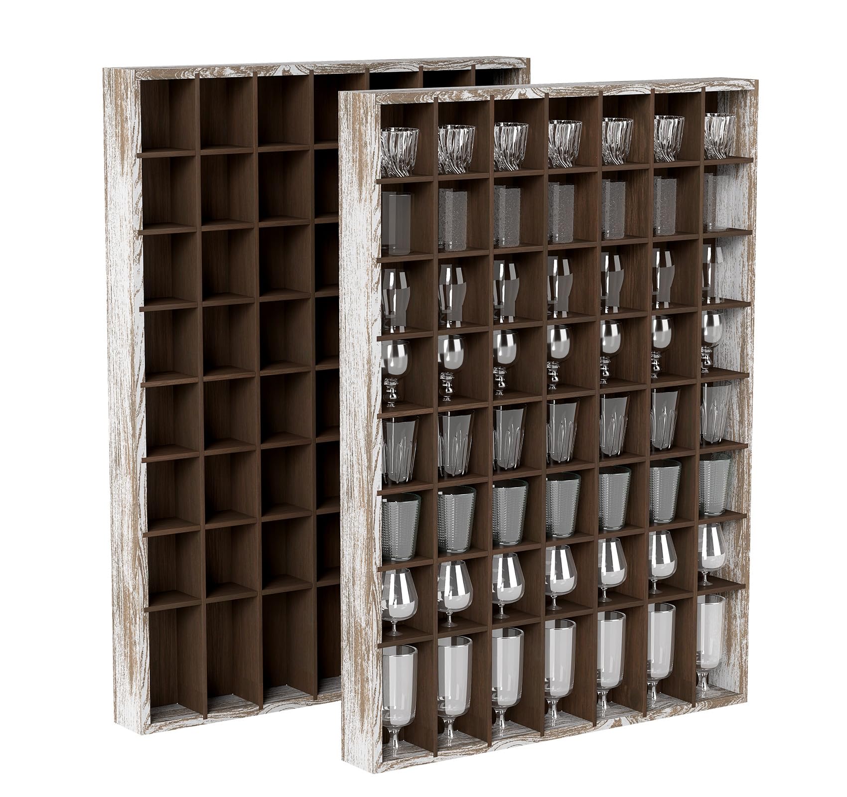 Suuiwau 2 Pcs Shot Glass Display Case, 56 Slots Wall-Mounted Wood Shot Glass Holder, 18" x 28'' Rustic Brown Glasses Collection Shelf for Home and Bar