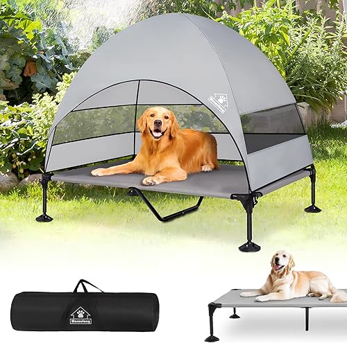 Cama elevada para perros al aire libre con toldo y patas ajustables, sombra más grande para campamento, patio trasero y patio