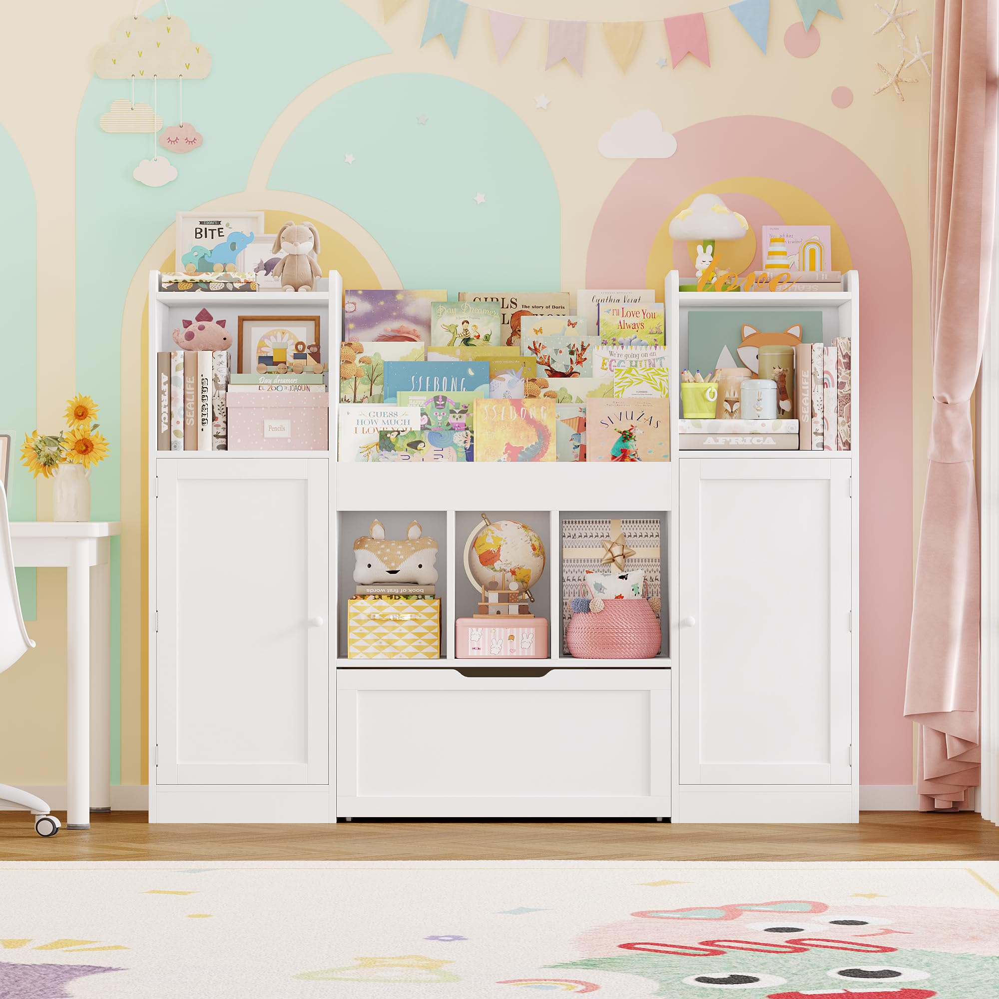 FOREHILL Libreria Montessoriana per Bambini, Organizer Giocattoli con Ripiani della Porta, Mobile Porta Giochi con Portariviste, 1 Cassetto con Ruote, 7 Scomparti Aperti, 140.3x30x108.3 cm (Bianco)