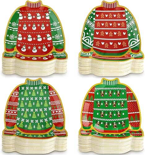 Yaomiao 100 platos de papel de Navidad desechables a granel, platos feos con árbol de Navidad, pan de jengibre, muñeco de nieve, reno, suministros