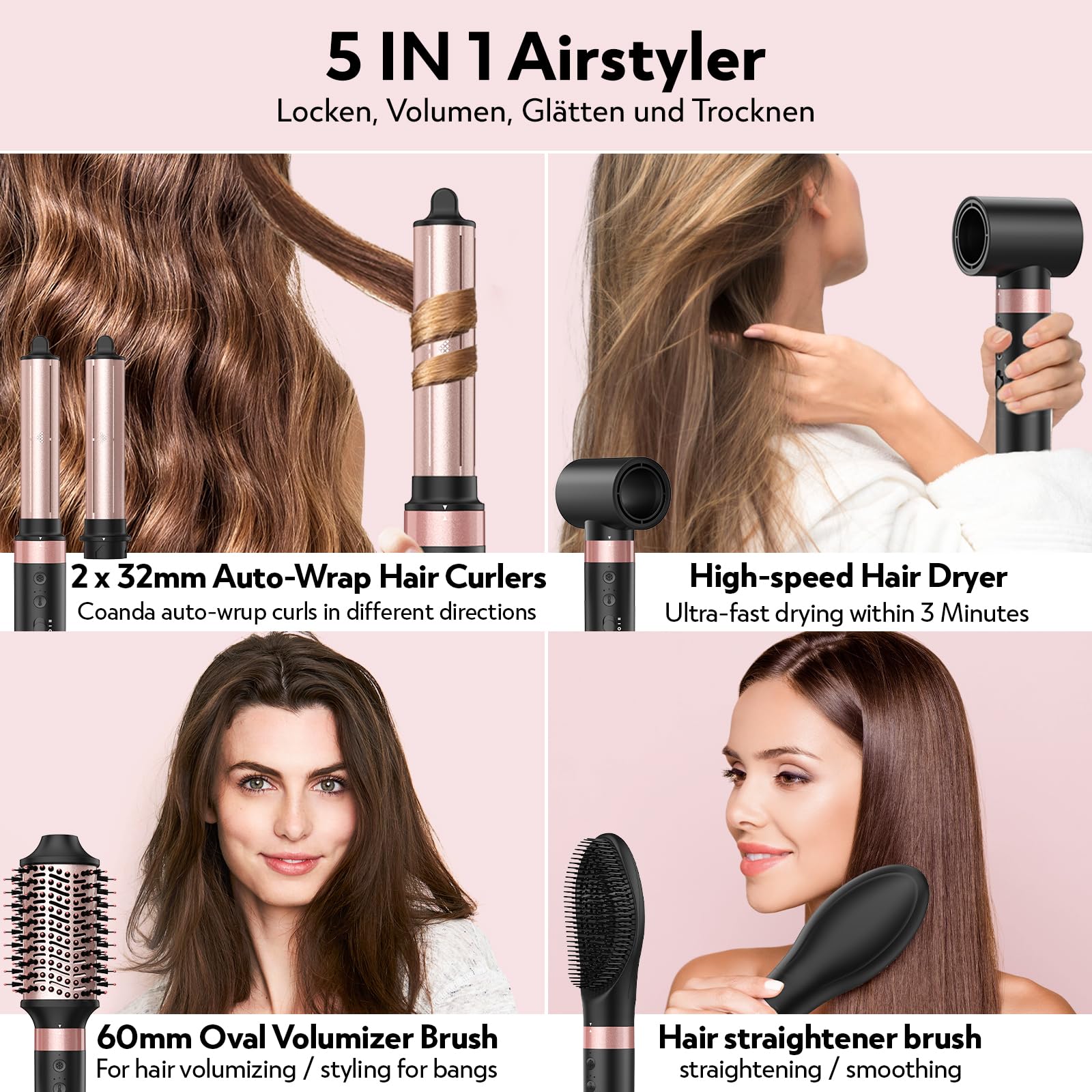 Slopehill Airstyler 5 IN 1, Ionen Föhn 110000 U/Min, Multifunktionaler Hairstyler, Lockenstab Automatisch, Warmluftbürste,Glätteisen, für Styling, Volumisieren, Locken und Glätte（Schwarz）
