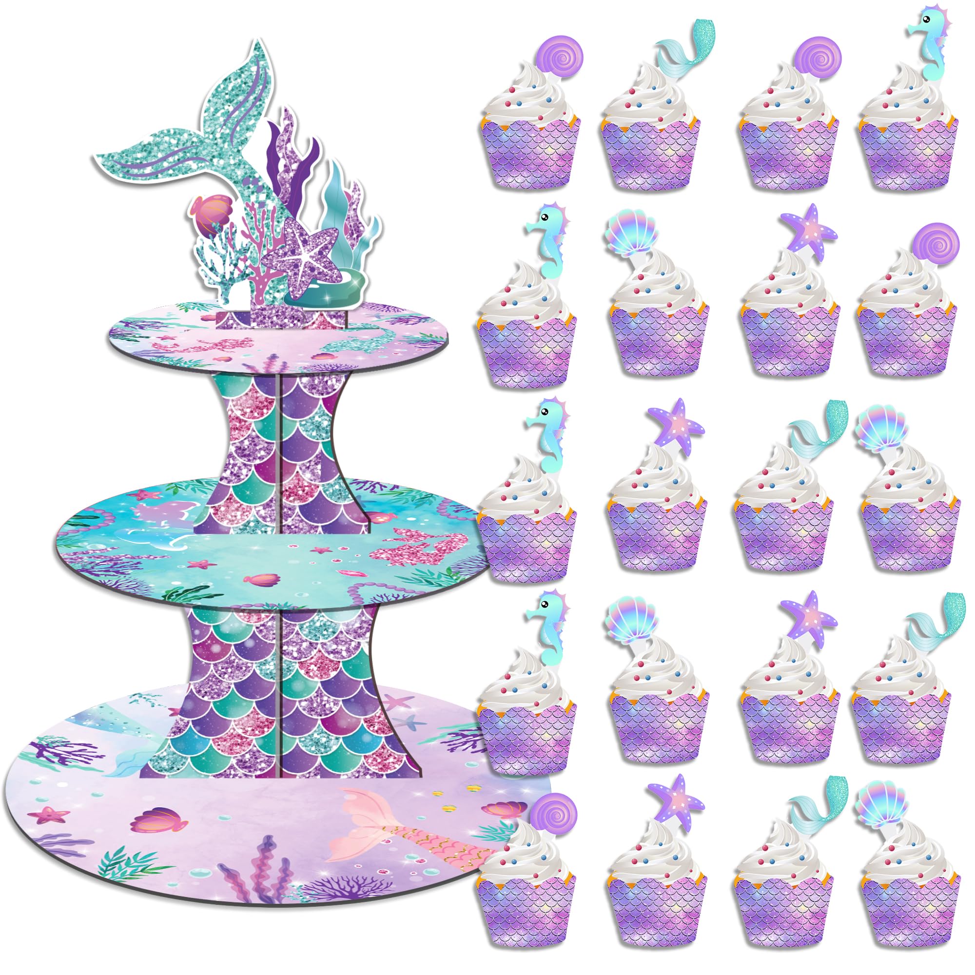 3 Tier Mermaid Cupcake Stand Party Decorations, Mermaid Themed Cupcake Holder Decorations with 20Pcs Mermaid Cupcake Wrappers and Toppers, Cupcake Display Holder Birthday Party Supplies