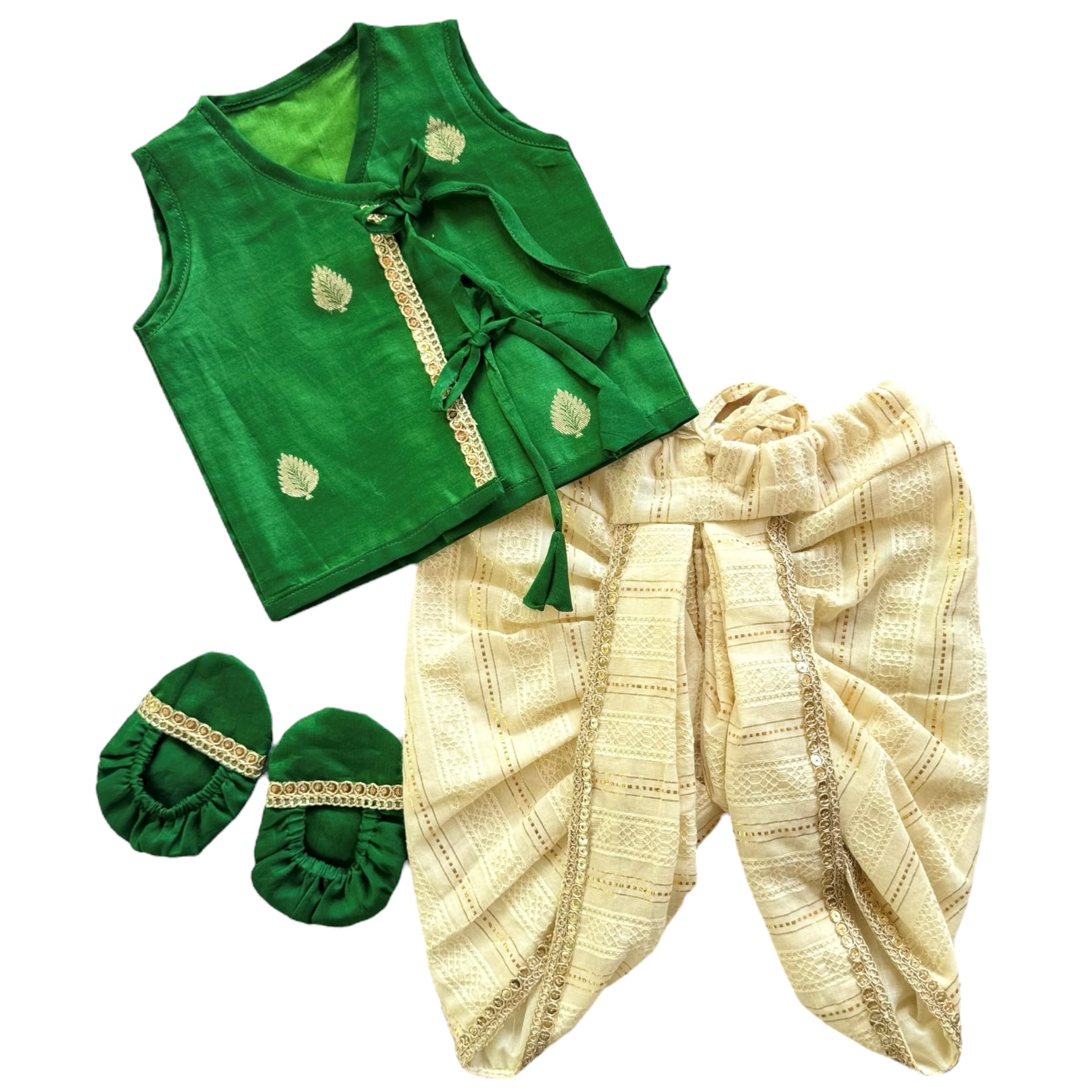 picksparrow Traditional Baby Boys Cotton Silk Jhabla Dhoti Set with Matching Booties (Leaf)-picture-11