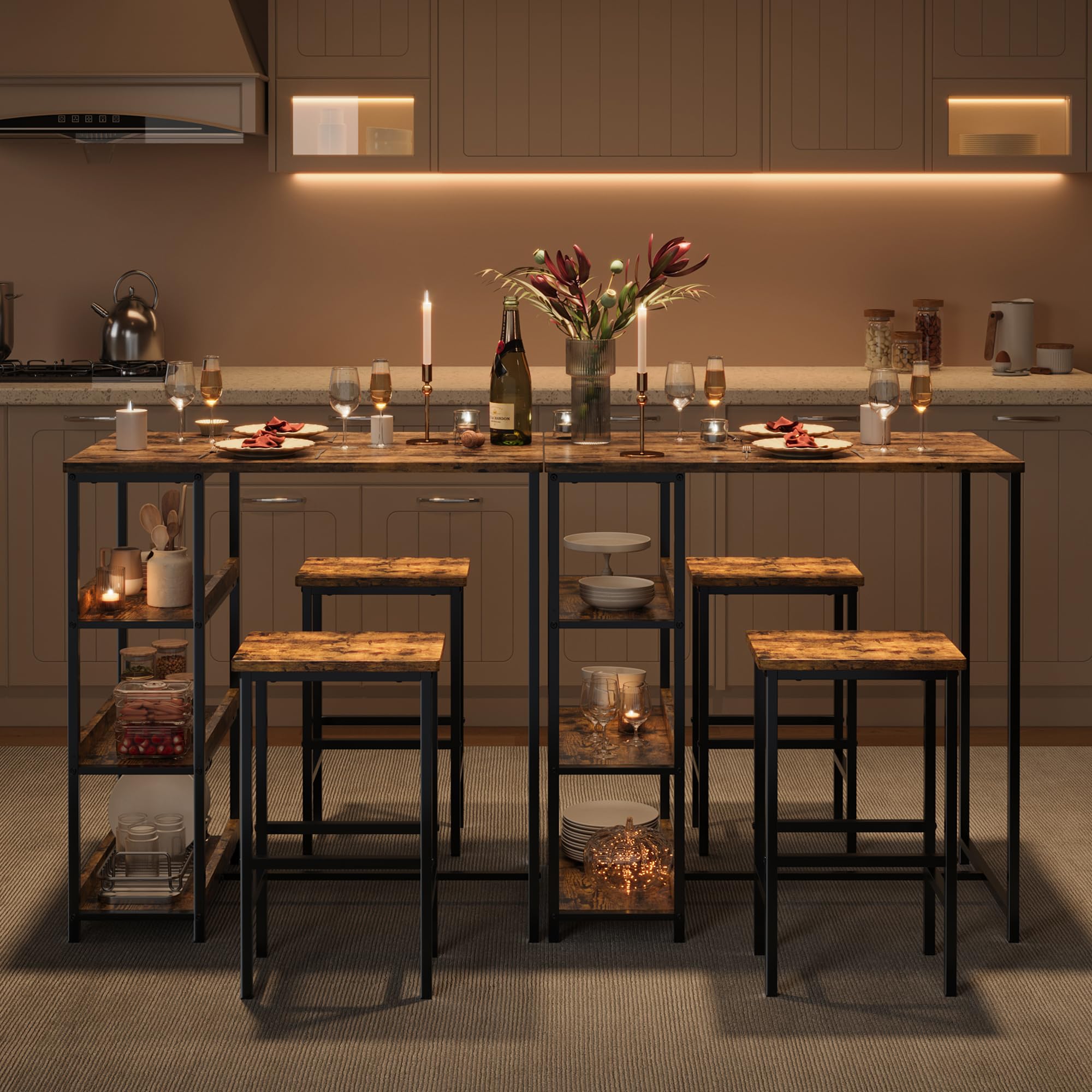Garvee Bar Tisch Und Stühle Set, Rechteckiger Pub Tisch Mit 2 Hockern Für Kleinen Platz, High Top Tisch, 3-Teilige Frühstück Hocker Set, Robuster Metallrahmen, Einfach Zu Montieren, Rustikal Braun