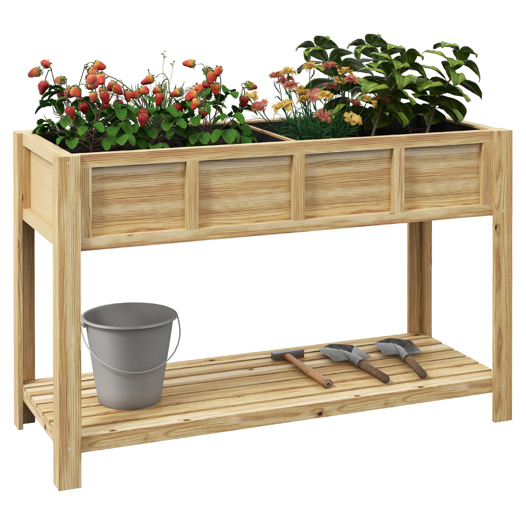 Outsunny Jardinière sur Pieds - Potager avec séparateur Amovible, étagère, Inserts d'irrigation, Feutre de Drainage Inclus - Dim. 115L x 46l x 75H cm - Bois Massif Sapin
