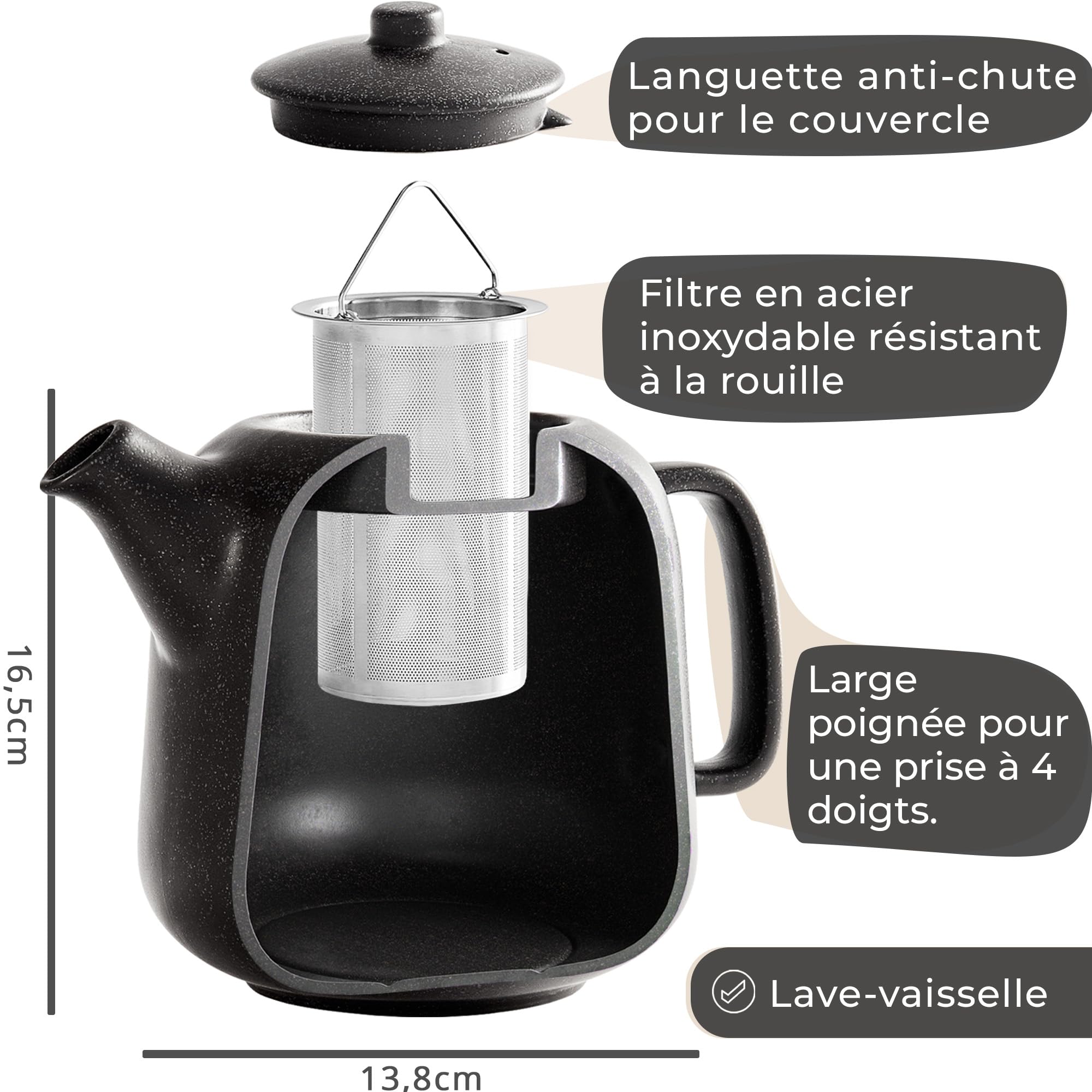 STEINZEIT Theiere avec infuseur design (1,3L) – Théière avec filtre en acier inoxydable 304 – Théière en céramique avec glaçure unique – Filtre amovible – noire