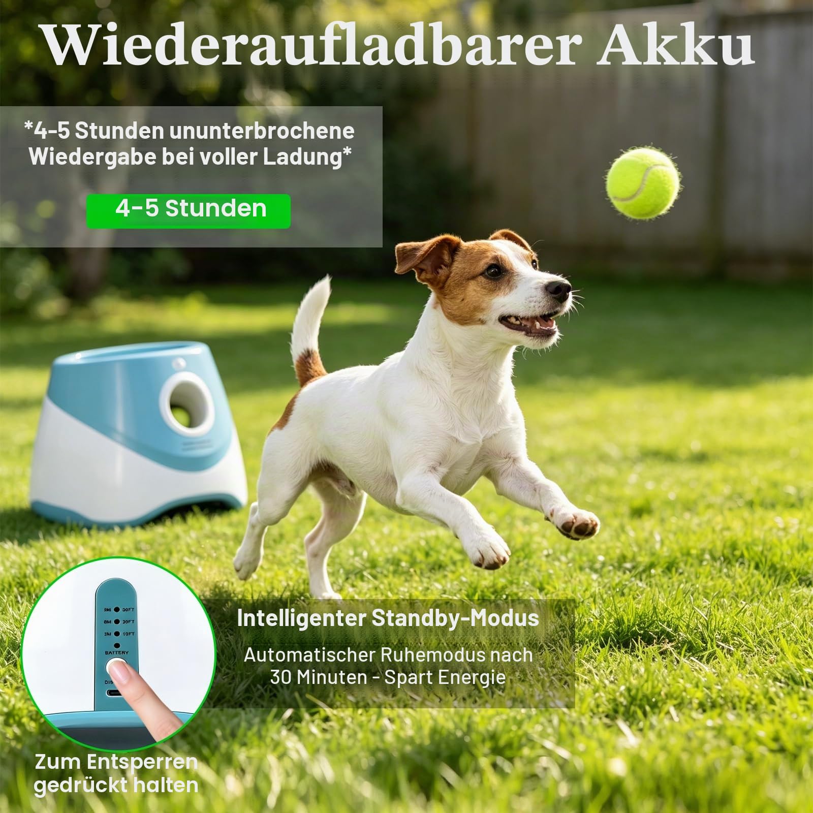 Automatischer Hunde-Ballwerfer für kleine Hunde drinnen draußen | Interaktives Spielzeug 15 Mini-Tennisbällen, 3 einstellbare Wurfweiten (3-9m), wiederaufladbar Blau