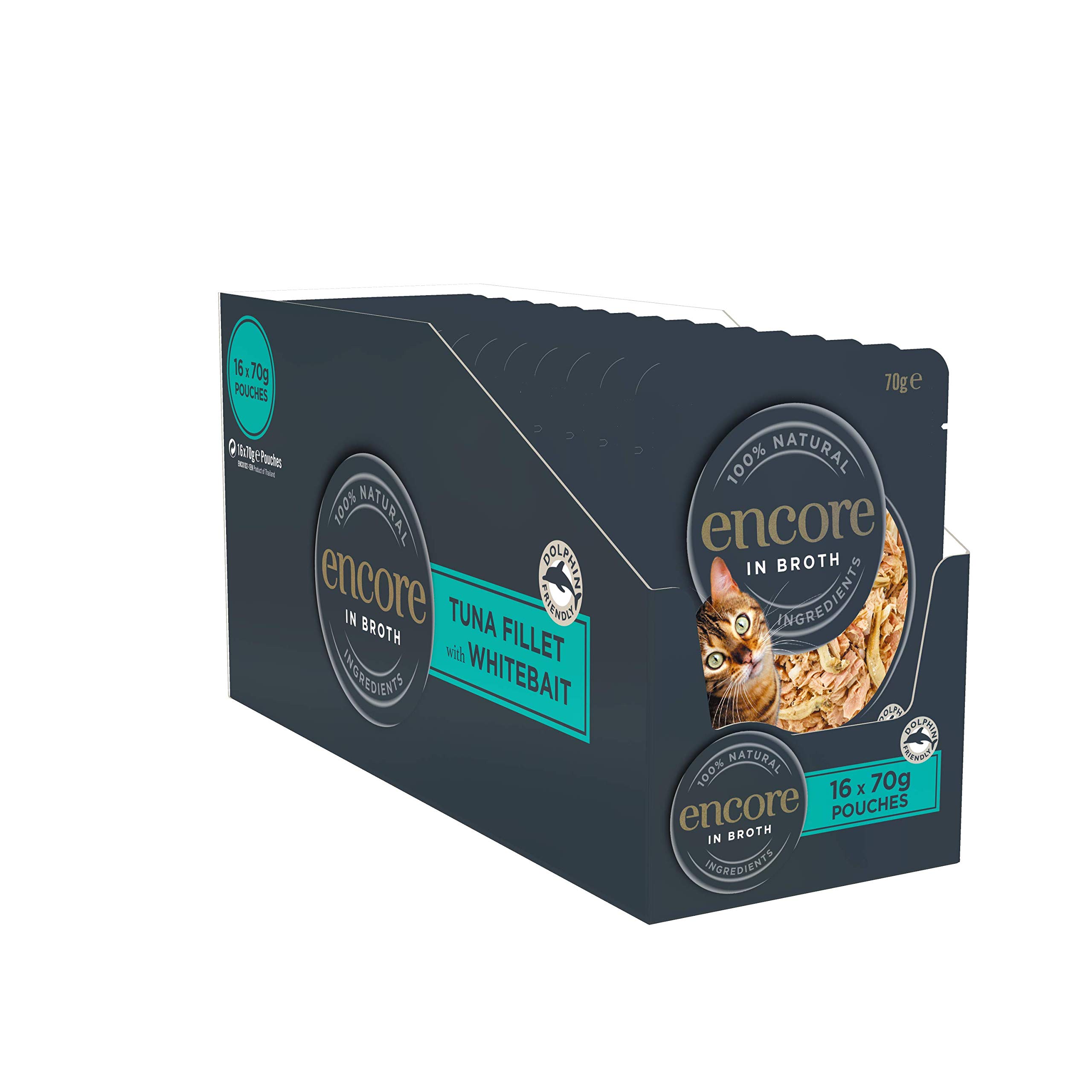 Encore Comida húmeda 100% Natural Premium para Gatos, Filete de atún con anchoa en Caldo para Gatos Adultos, Paquete de 16 Bolsas de 70 g