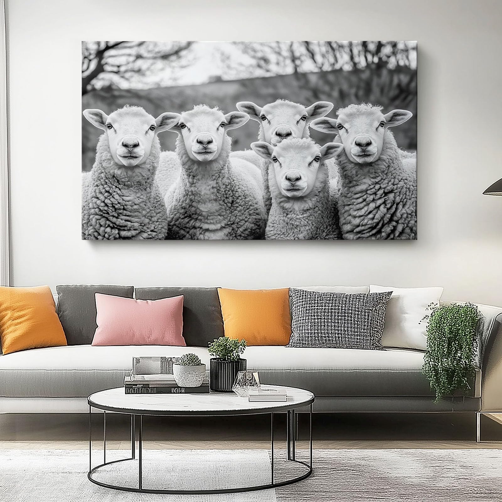 Quadro su Tela per Arredamento casa, Moderno, Bianco e Nero, per Bagno e Ufficio, con Dipinti e fotografie di Pecore, Stampa Artistica 100L x 50W cm