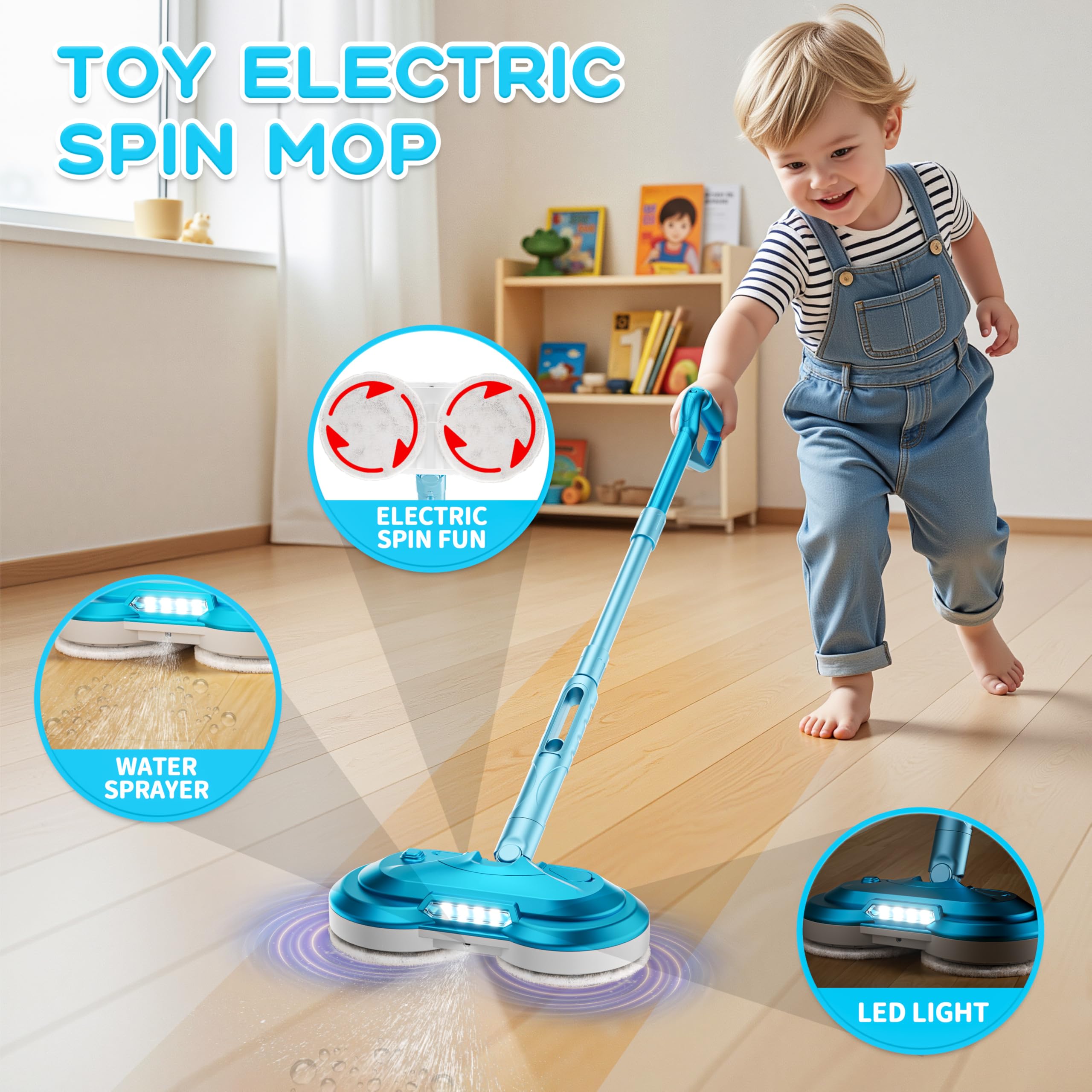 BLAXTEM Giocattolo elettrico per mocio, ricaricabile con spruzzatore d'acqua (azzurro) | Fari a LED, senza fili, giocattolo per la pulizia per ragazzi e ragazze