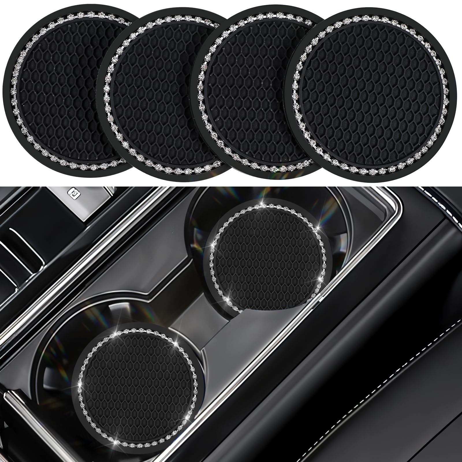 Nogeqi 4 Stück Glitzernde Auto Getränkehalter Untersetzer 7 cm, Auto Zubehör Innenraum Frauen für Becherhalter, Universal Autozubehör Innenraum Car Coasters mit Diamant (Schwarz)