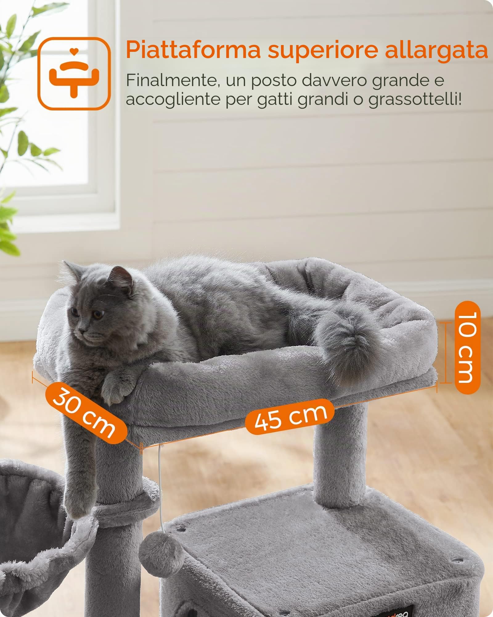 Feandrea Albero per Gatti, Tiragraffi per Gatti, Pali e Rampa Graffiatoio in Sisal Naturale, 2 Pompon Sospesi, Grotta, Cesto, Trespolo di Peluche, Grigio Chiaro PCT51W