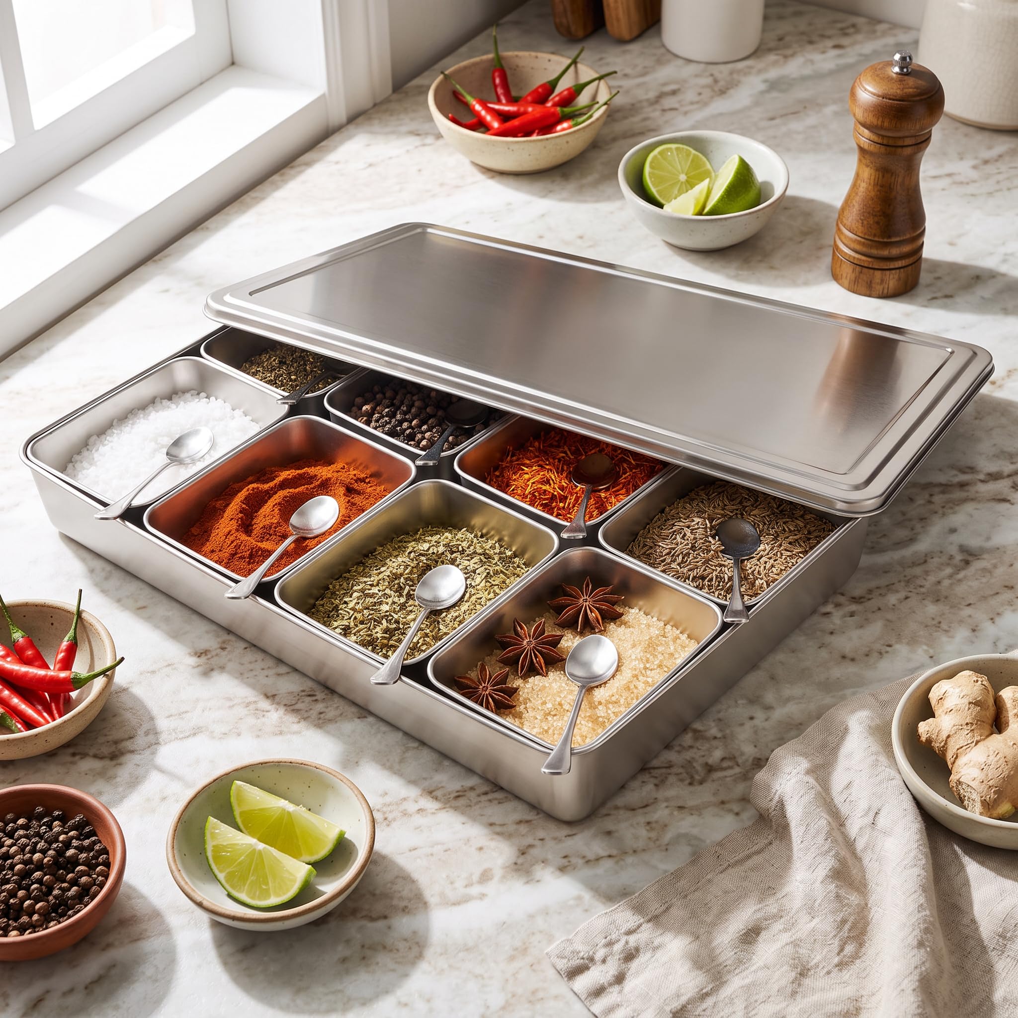 ZJchao Boîte à Épices en Alliage d’Aluminium avec 8 Compartiments – Coffret de Rangement Compact pour Assaisonnements, Condiments et Ustensiles de Cuisine