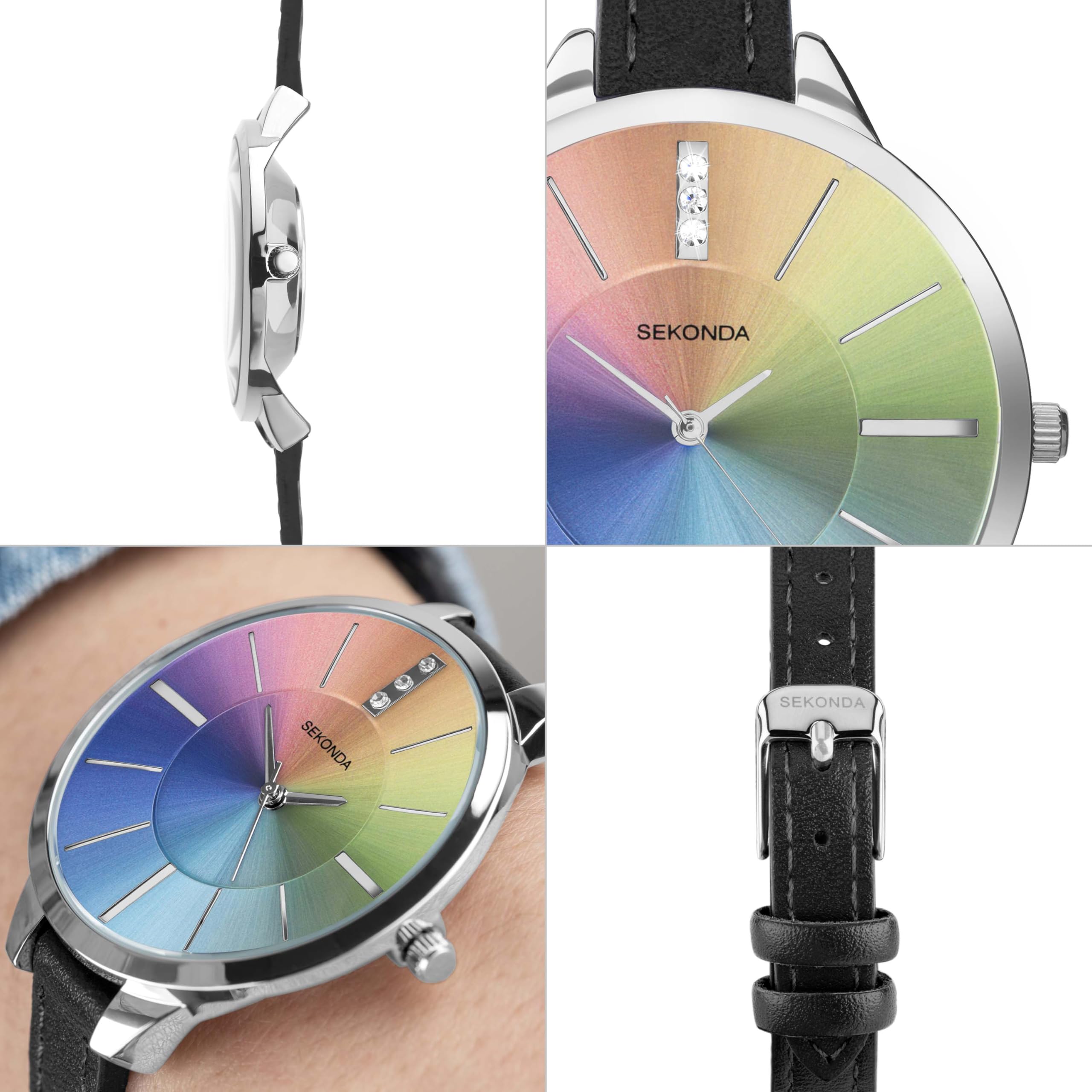 Sekonda Ada 39 mm Orologio al quarzo da donna con tre lancette con pietre incastonate quadrante Sunray Display analogico e cinturino in pelle