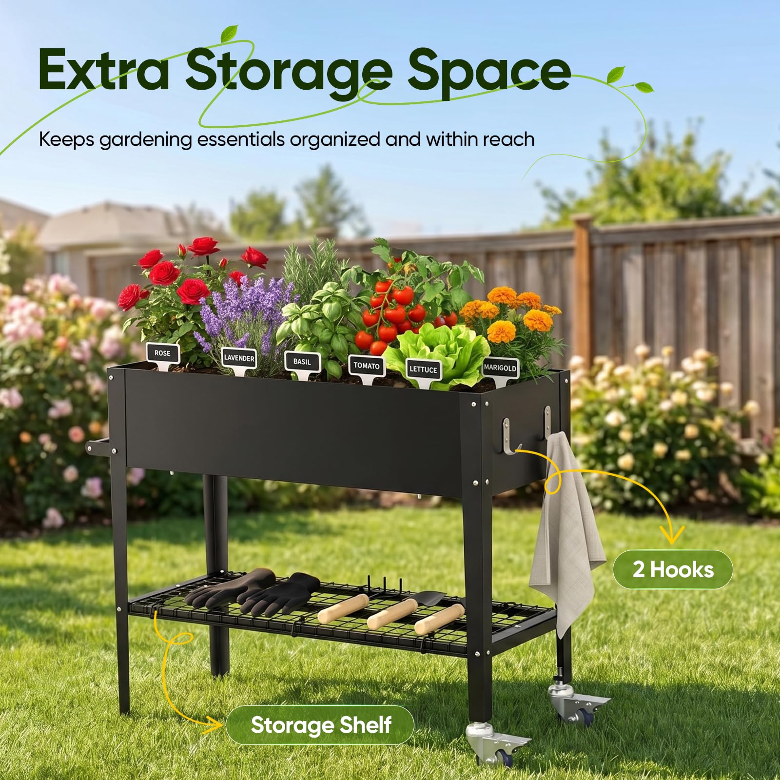 Aiuola rialzata in metallo con ruote e ripiano, 111 x 57 x 79 cm, fioriera da giardino con inserto, fori di drenaggio e attrezzi, aiuola per verdure, vaso per erbe aromatiche per il giardino del