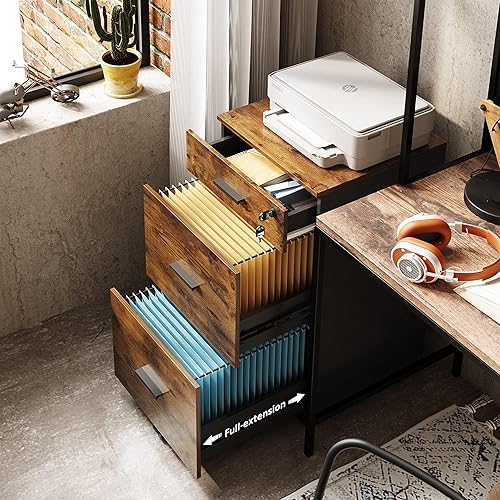 Miniatura 4 de DEVAISE Archivador de 3 cajones con cerradura, archivador de madera para tamaño cartaA4 para oficina en casa, color marrón rústico