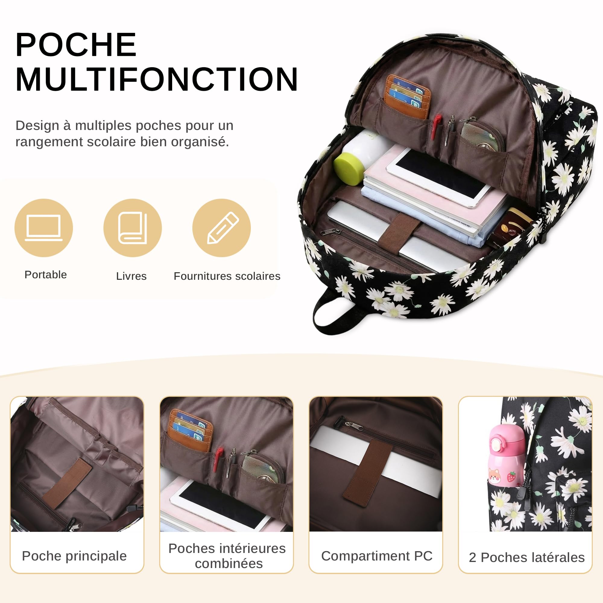 Sac à Dos Mode Cartable Filles College Sacs D'école Scolaire pour Ado Enfant Sac a Dos pour Ordinateur Portable Femme Loisir Sac de Voyage Floral