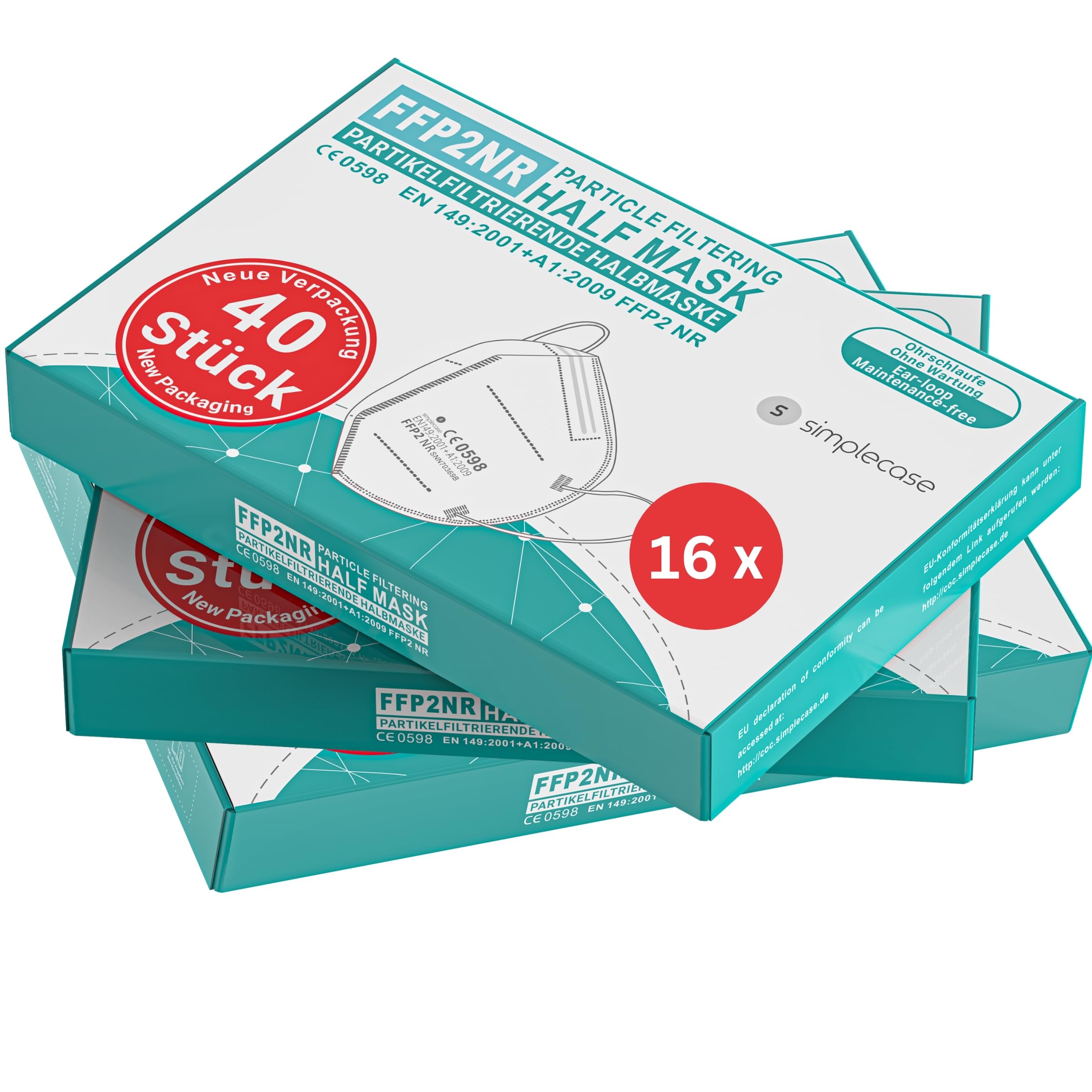 Simplecase - 120 mascarillas FFP2 certificadas por el organismo designado oficialmente 0598, respirador, máscara de filtro de partículas