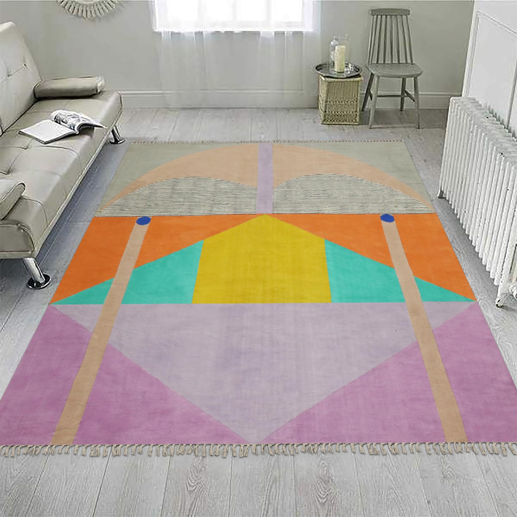 Kelim-Läufer, 10 x 30 cm, Baumwollteppich, rosa und orange, flach gewebt, geometrisch, 0,48 cm, handwaschbarer Teppich für drinnen und draußen, Läufer für Flur, Treppen, Eingangsbereich