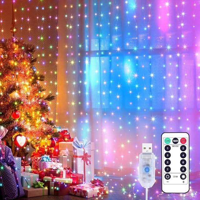 Yizhet Curtain Lights 3m x 3m Curtain Fairy Lights, 300 LED Curtain String Lights, 8 Modes RGB Curtain Lights Remote Control, Colour Fairy Lights Curtain for Wedding Party Bedroom Wall (Multicolor)