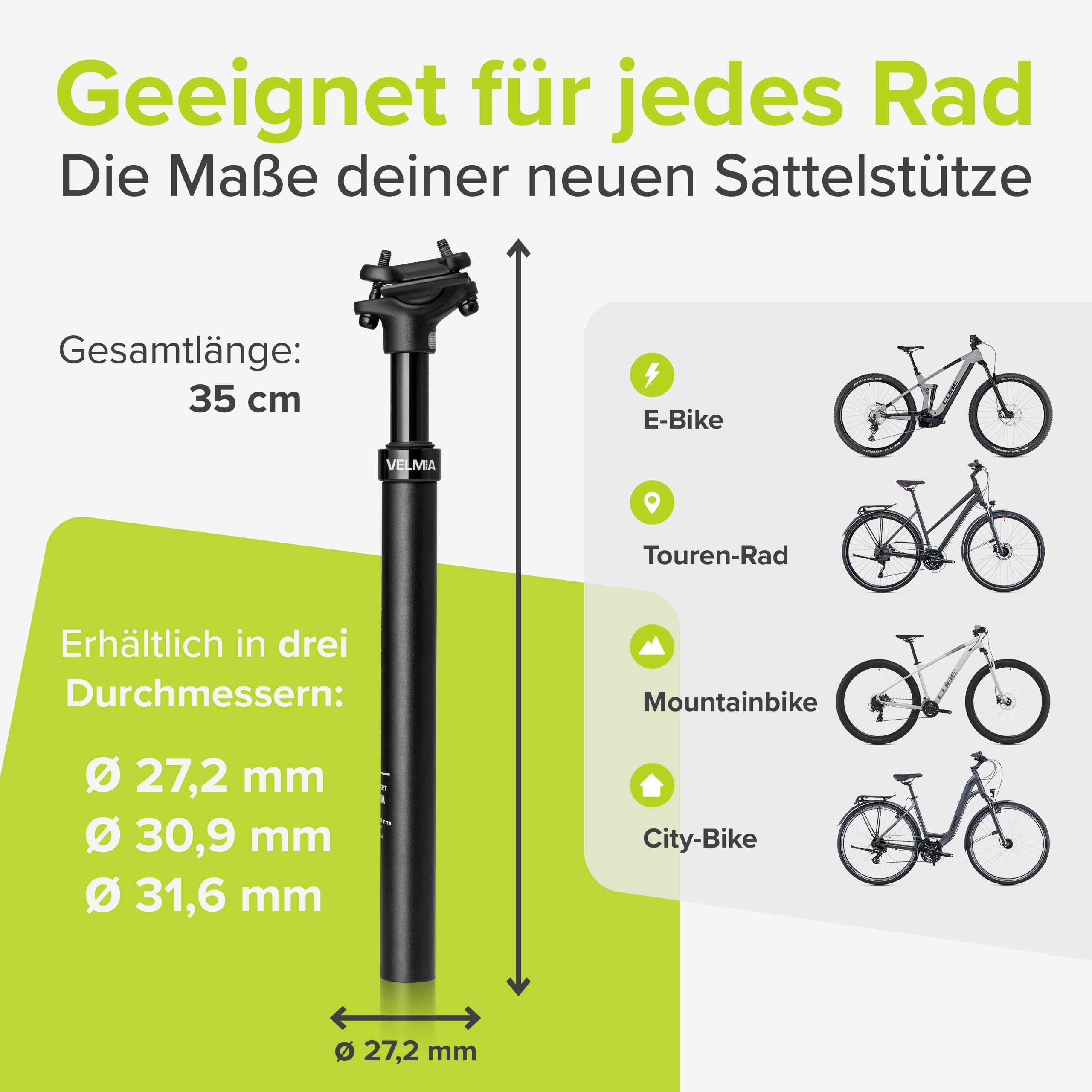 Tija de sillín con suspensión VELMIA 27,2-31,6mm - Aluminio - Negro - Para todo tipo de bicicletas - Alivio para la columna vertebral, montaje fácil