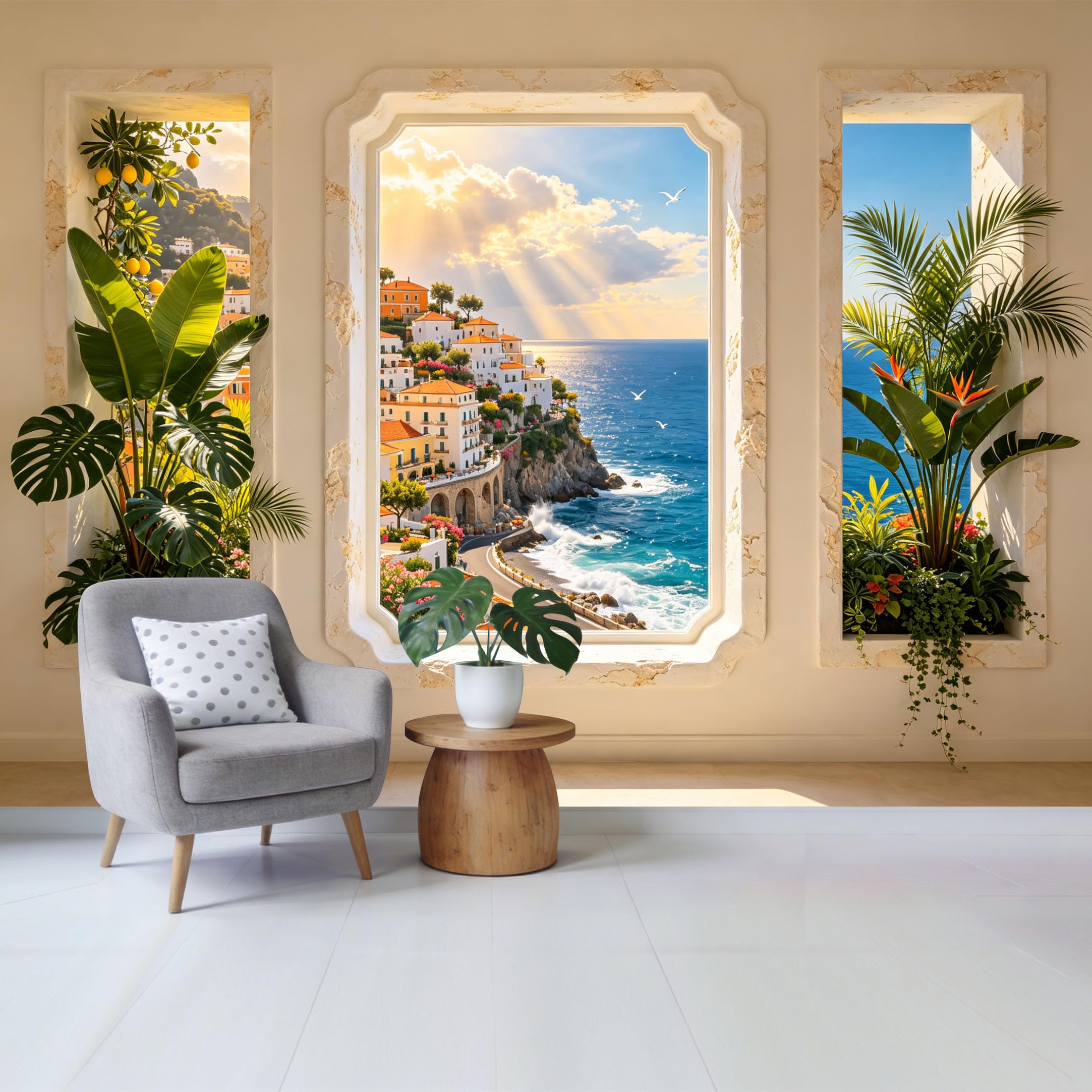 Removable Self Adhesive Fabric Mural， Mediterranean Coastal Landscape Tropical Botanical Custom Size Wall Covering， UV Protected Waterproof Washable Wall Decor for Living Room Bedroom