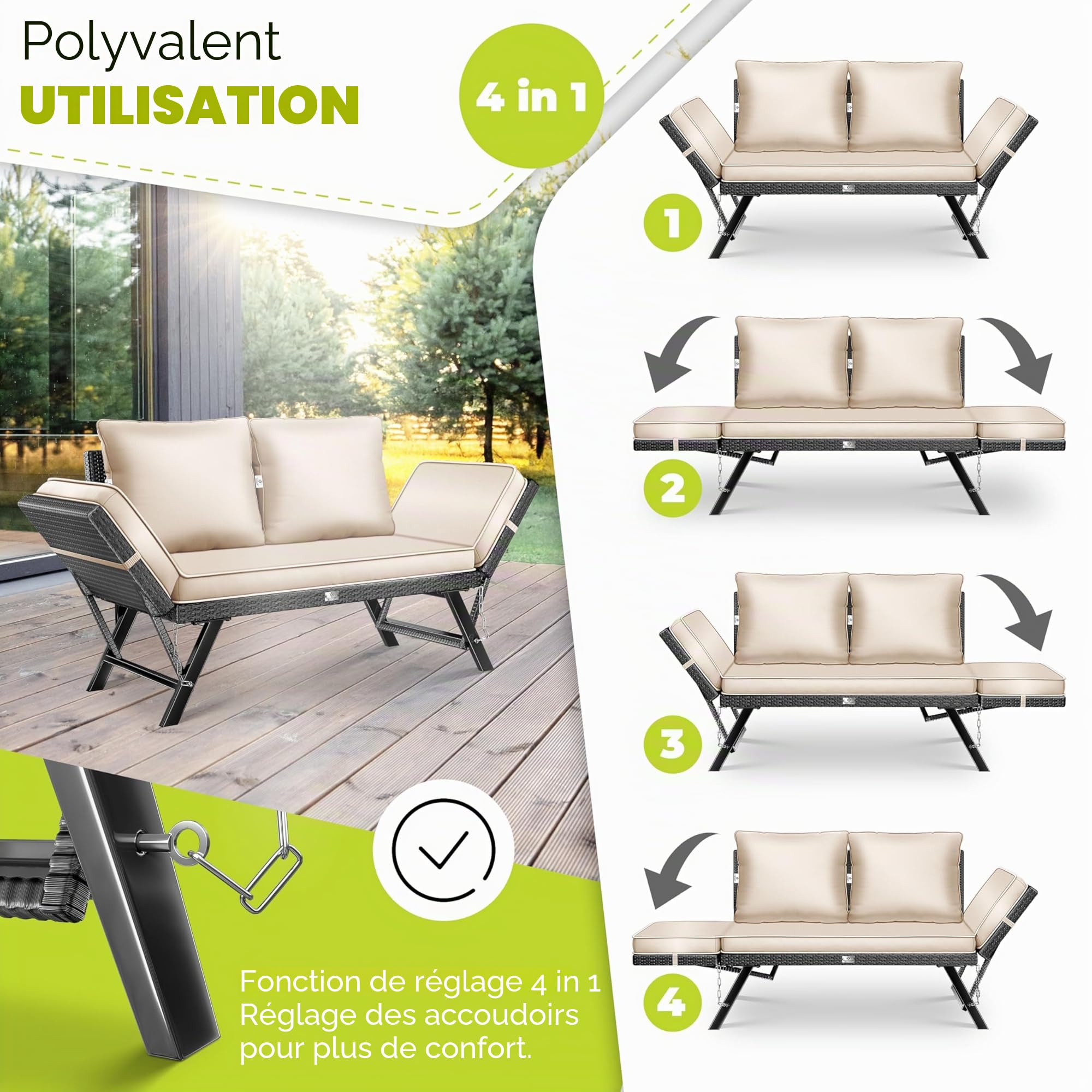 KESSER® Luna Banc de jardin en polyrotin avec fonction allongée, 4 en 1, résistant aux intempéries, canapé de balcon, canapé réglable, accoudoirs réglables, rembourrage extra épais