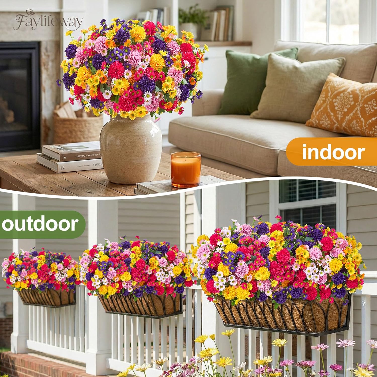 Artificial Flowers for Outdoors, 8 Bundles UV Resistant Fake Daisy & Mums, Faux Flowers for Outdoor Planters Window Box Porch Patio Garden Decor, Fade Resistant Silk Flowers
