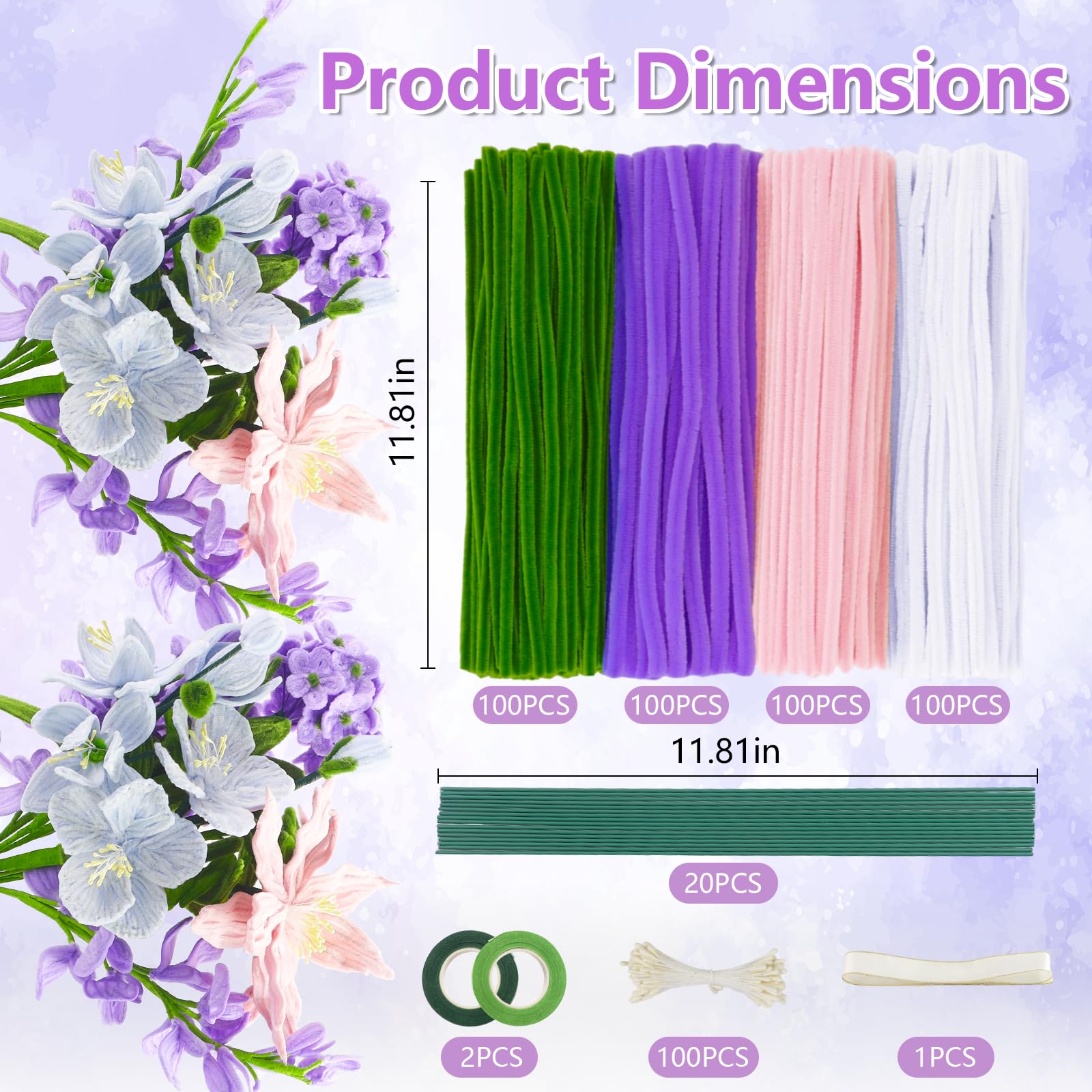 Lot De 400 Fils Chenille Cure-Pipe Pour Fleurs Tulipes - 4 Couleurs + Rubans Et Tiges - Kit Créatif DIY