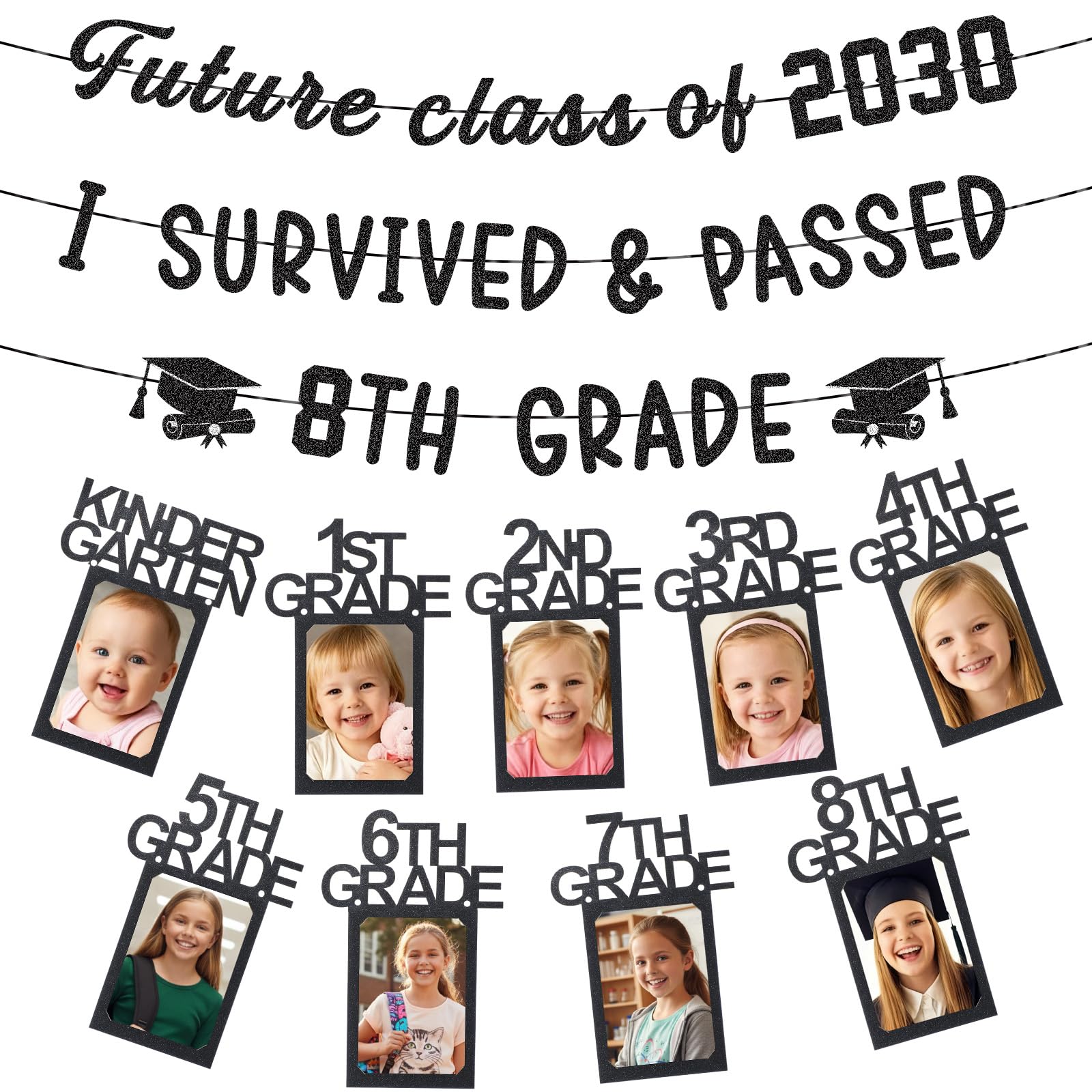 Photo 1 of Harloon 2 Pcs Glitter 8th Grade Graduation Decorations 2026 Black Graduation Photo Banner, Future Class of 2030 I Survived and Passed 8th Grade Banner for School Grad Party Supplies