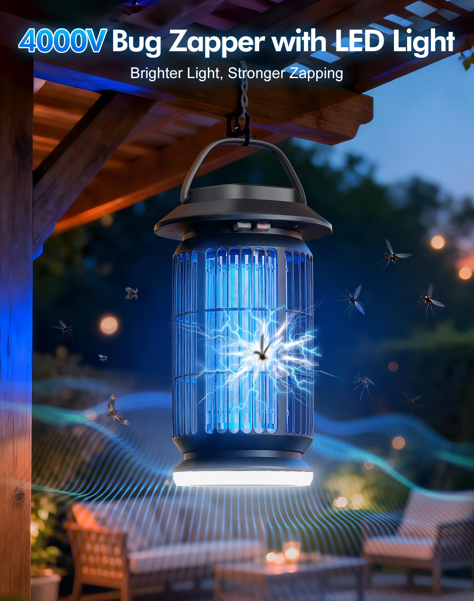 Eliminador de insectos para exteriores e interiores, 4400 V eléctrico con luz UV y azul, LED extra blanco, cubre hasta 2100 pies cuadrados, impermeable IP64