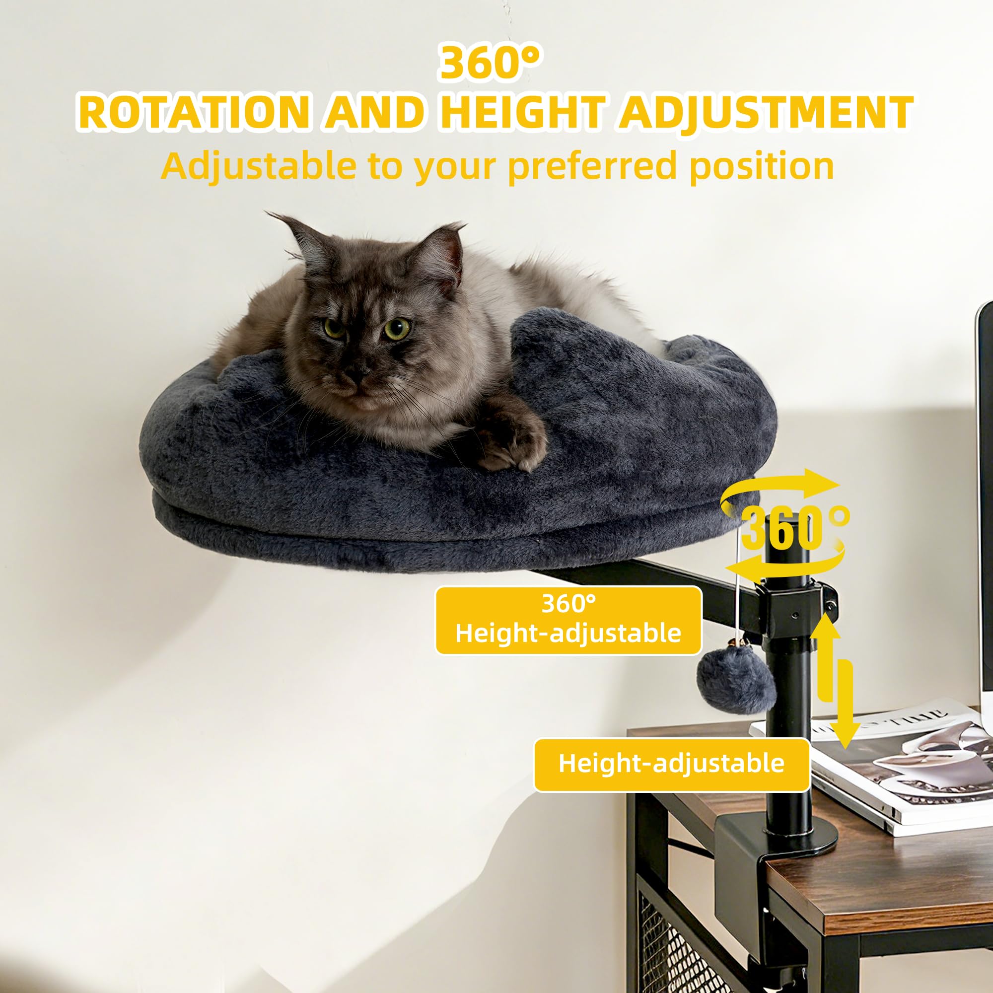 Katzenbett Schreibtisch, 360° Drehung Hängebett für Katzen Höhenverstellbar, Katzenhängematte Katzenkorb zum schlafen, Hält Kätzchen Katze nah und Arbeitsbereich (Dunkelgrau)