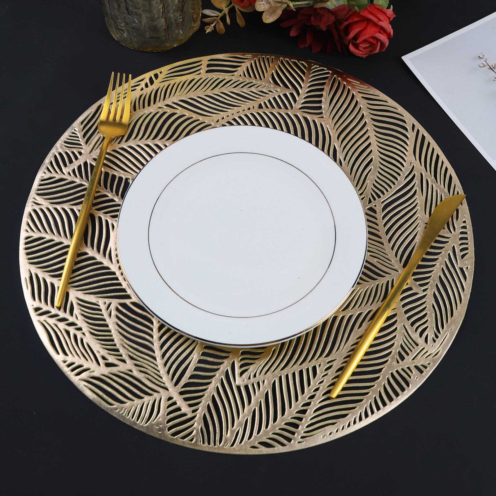 Mabbcoo Placemats Set of 6, Round Leaf Place Mats for Dining Table Hollowed-Out Pressed Vinyl Table Mats for Holiday Party Wedding Accent Centerpiece Dinner Table Decoration (Gold)