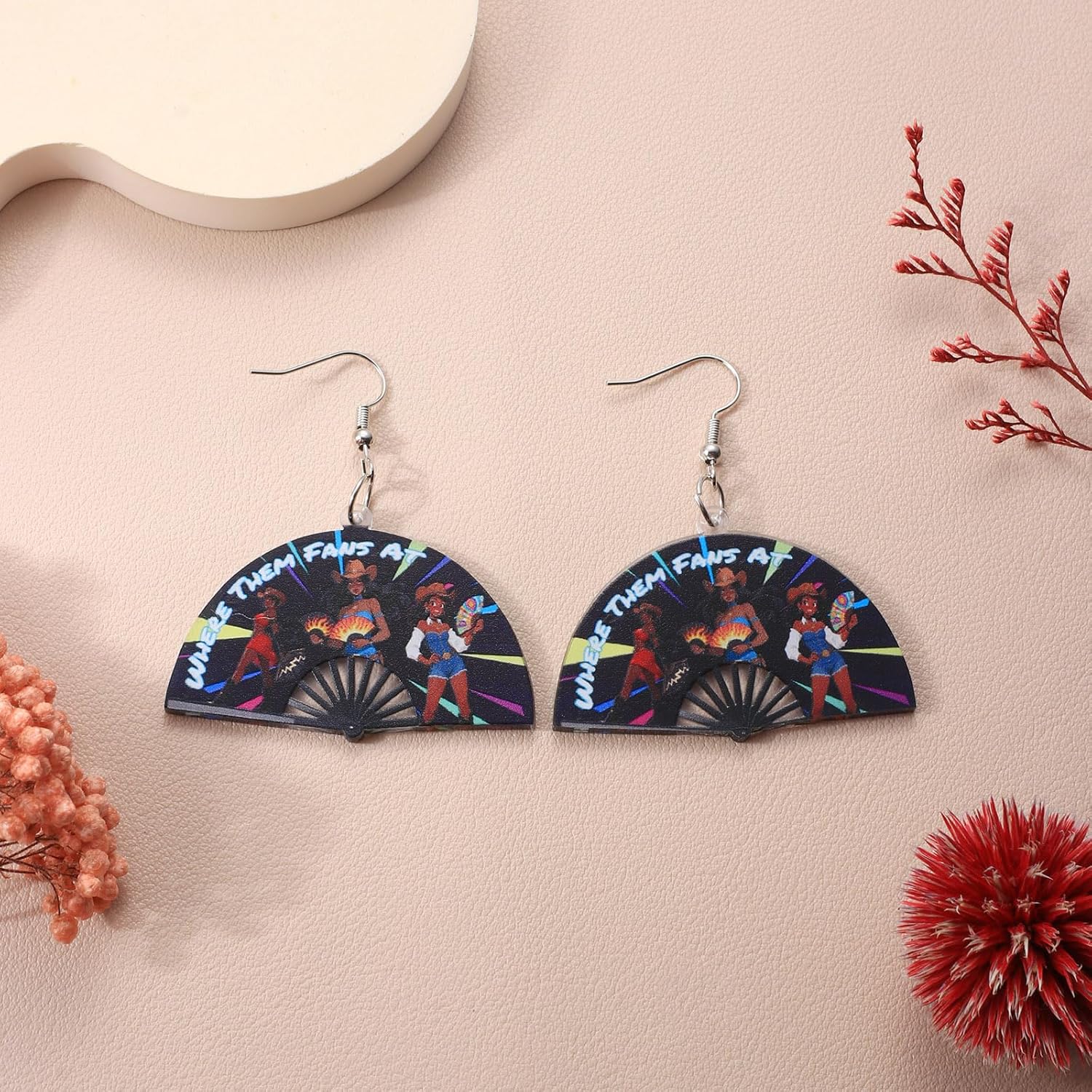 Where Them Fans at Earring for Cowgirl Cowboy Western Large Festival Fan Shaped Earrings Jewelry Gifts - Image 5