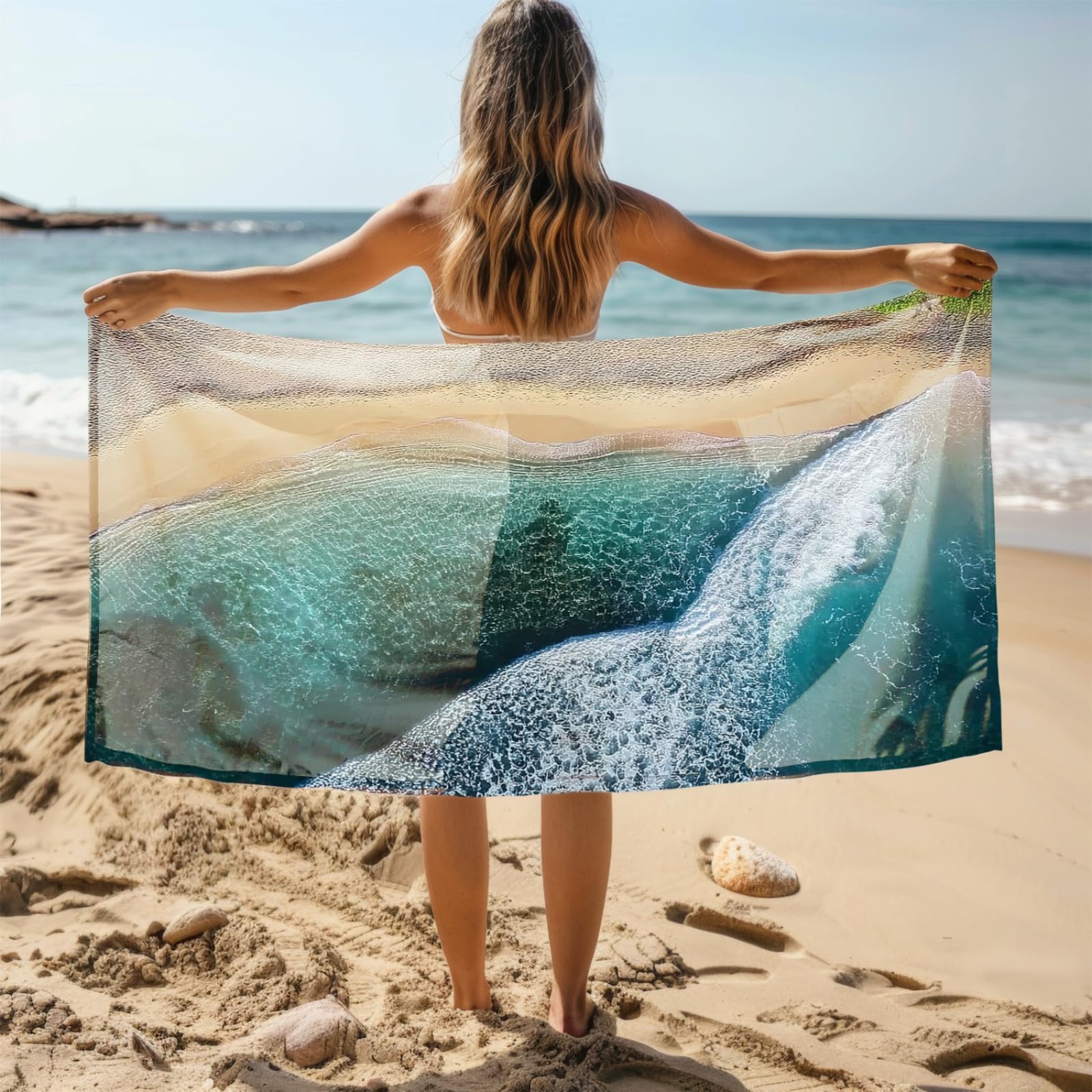 Generico Telo Mare Microfibra 200X100 Onde Grigio Verde Asciugatura Rapida Telo da Spiaggia Sabbia Per Donna Uomo Viaggi Vacanze Nuoto Campeggio