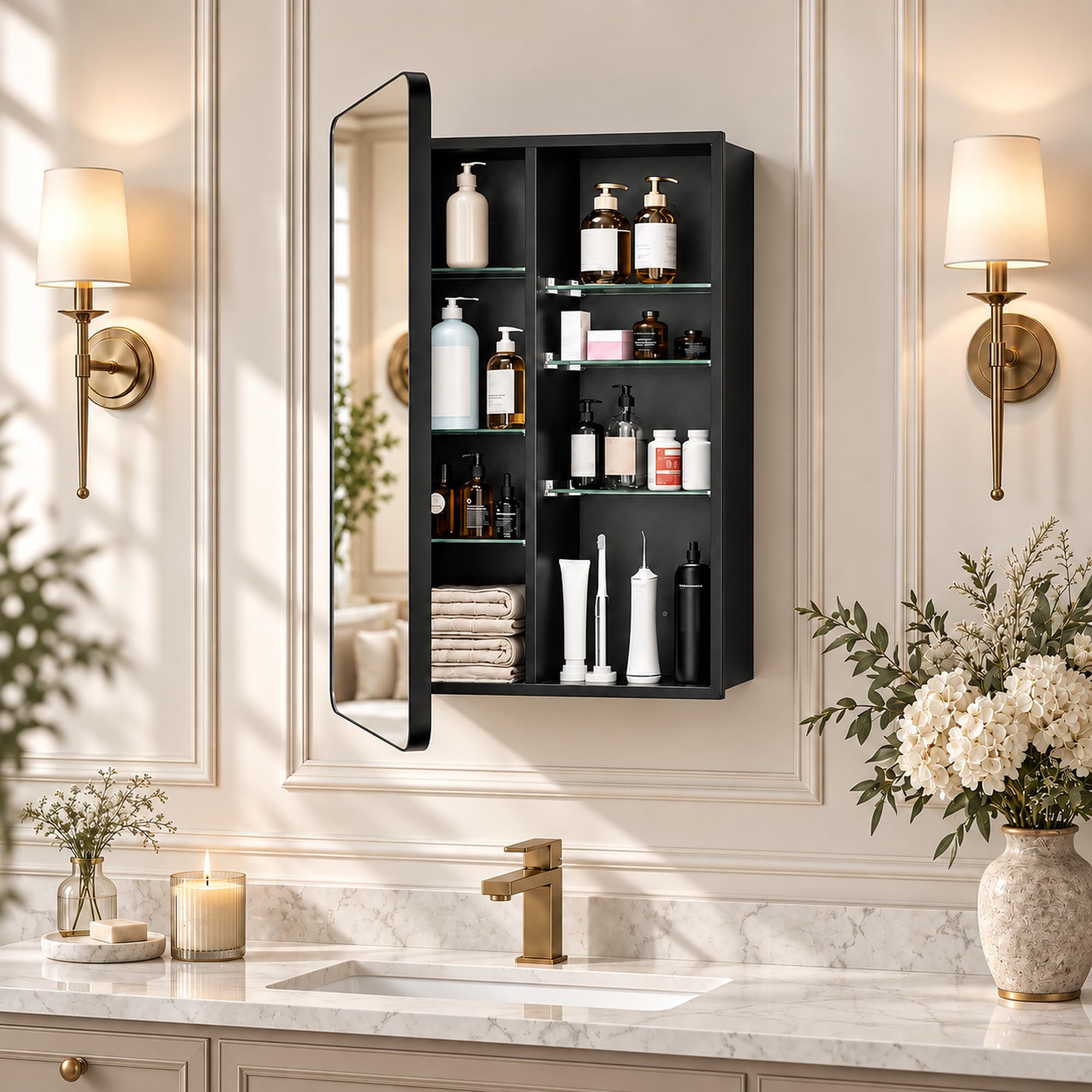 20x26 Inch Bathroom Medicine Cabinet with Mirror, Pre-Assembled Recessed or Surface Mount Wall Organizer, 6 Adjustable &amp; Removable Tempered Glass Shelves, Soft Close DTC, Matte Black