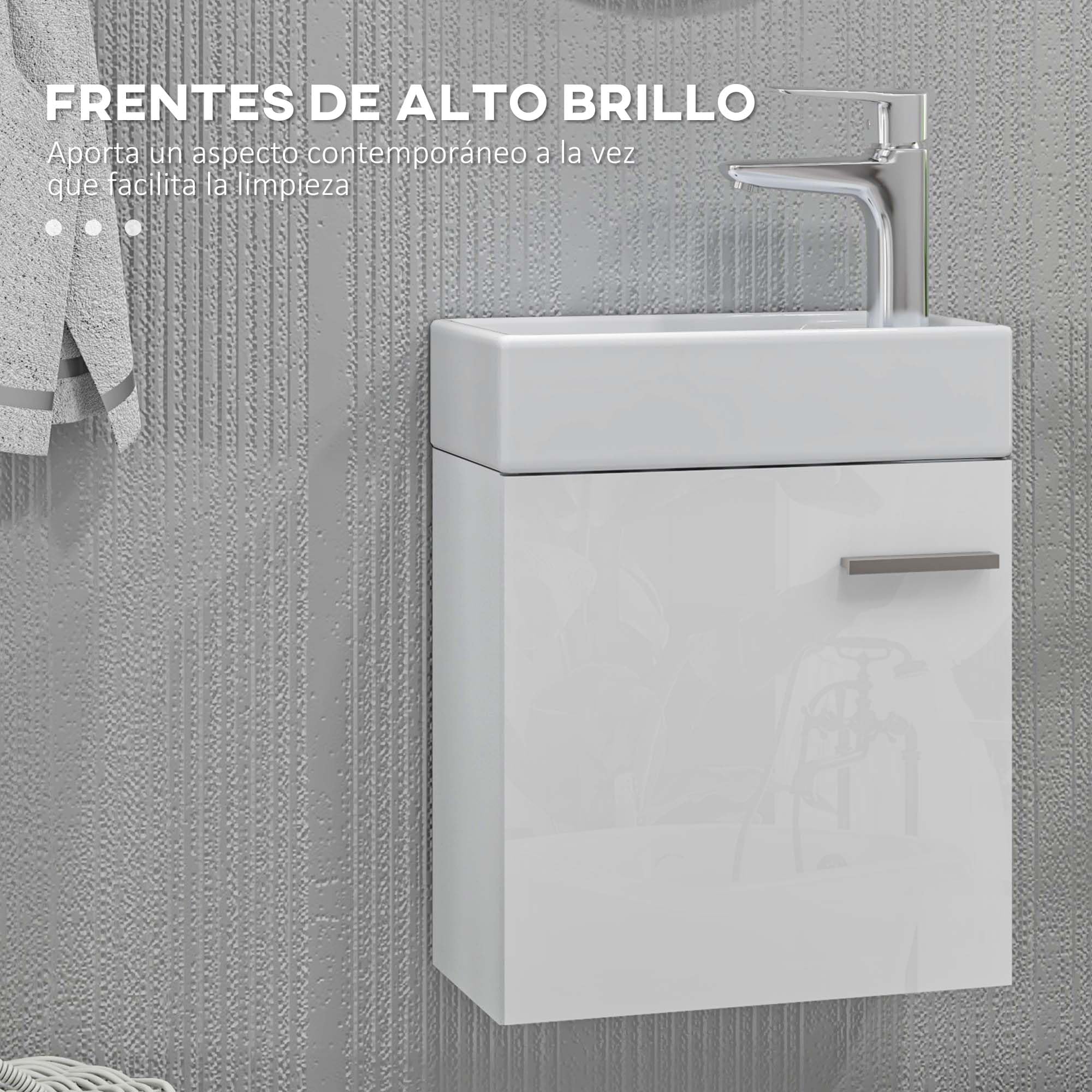 HOMCOM Mueble de Baño Estrecho con Lavabo de Pared 40x23x50cm Blanco Brillo | Mueble para Lavabo, con Puerta, Cierre Suave, Estilo Moderno