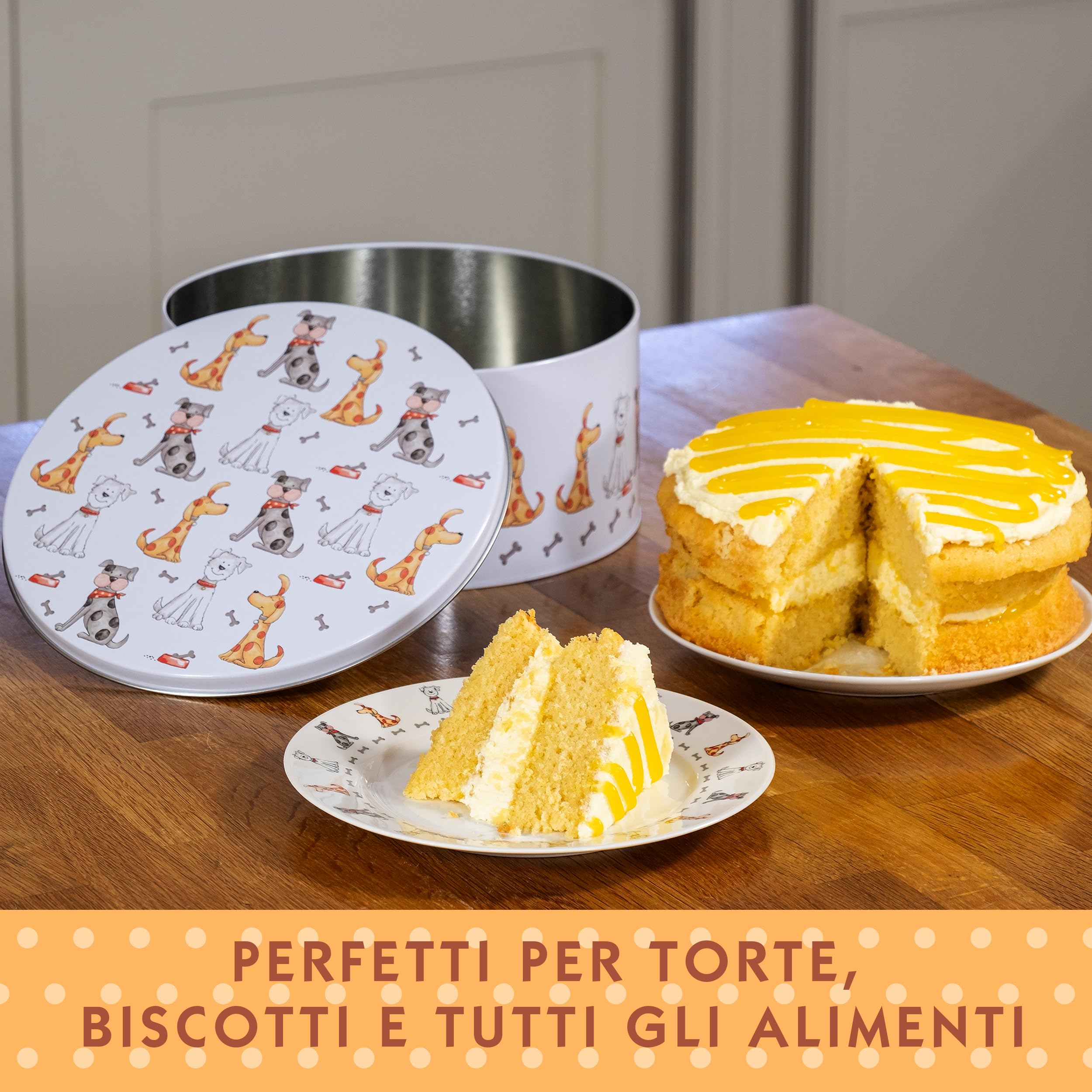SPOTTED DOG GIFT COMPANY Set di 3 Scatole di Latta, Contenitori Impilabili per Biscotti in Metallo, Barattoli di Latta Rotondi Ermetici per Conservare Torte e Alimenti, Piccoli Medi Grandi - Cani