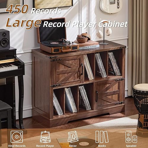 Miniatura 4 de Soporte grande para tocadiscos con almacenamiento de vinilo de hasta 450 álbumes, armario de almacenamiento de nogal marrón de 39 pulgadas con