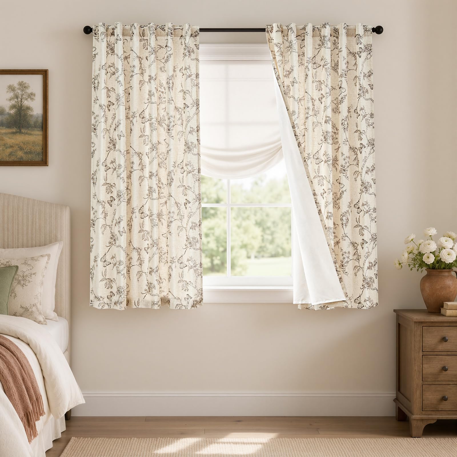 Lazzzy Lined Linen Farmhouse Taupe Floral Curtains 63 Inch Length Back Tab Drapes for Living Room Bedroom Light Filtering Country Vintage Rod Pocket, 2 Panels, Taupe on Beige — image 1