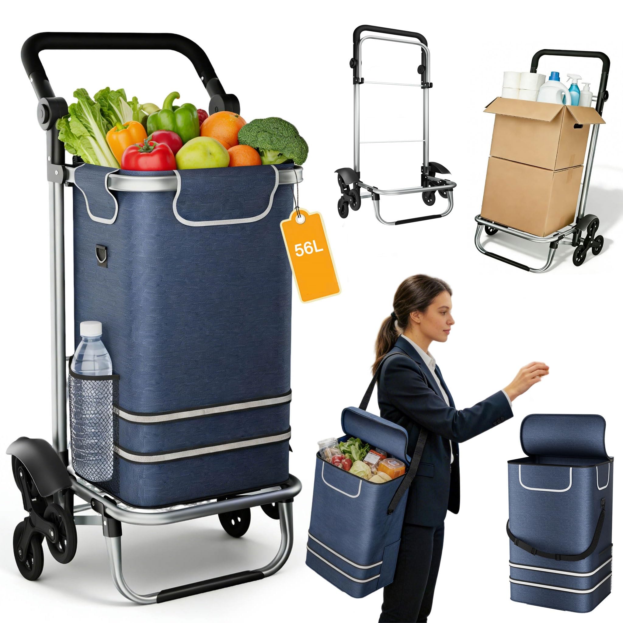 UISEBRT 3in1 Einkaufstrolley klappbar mit 56L groß Volumen,Hackenporsche Trolly Einkaufswagen,Multifunktionaler Einkaufsroller mit Kühlfach,Sackkarre & Umhängetasche in Einem