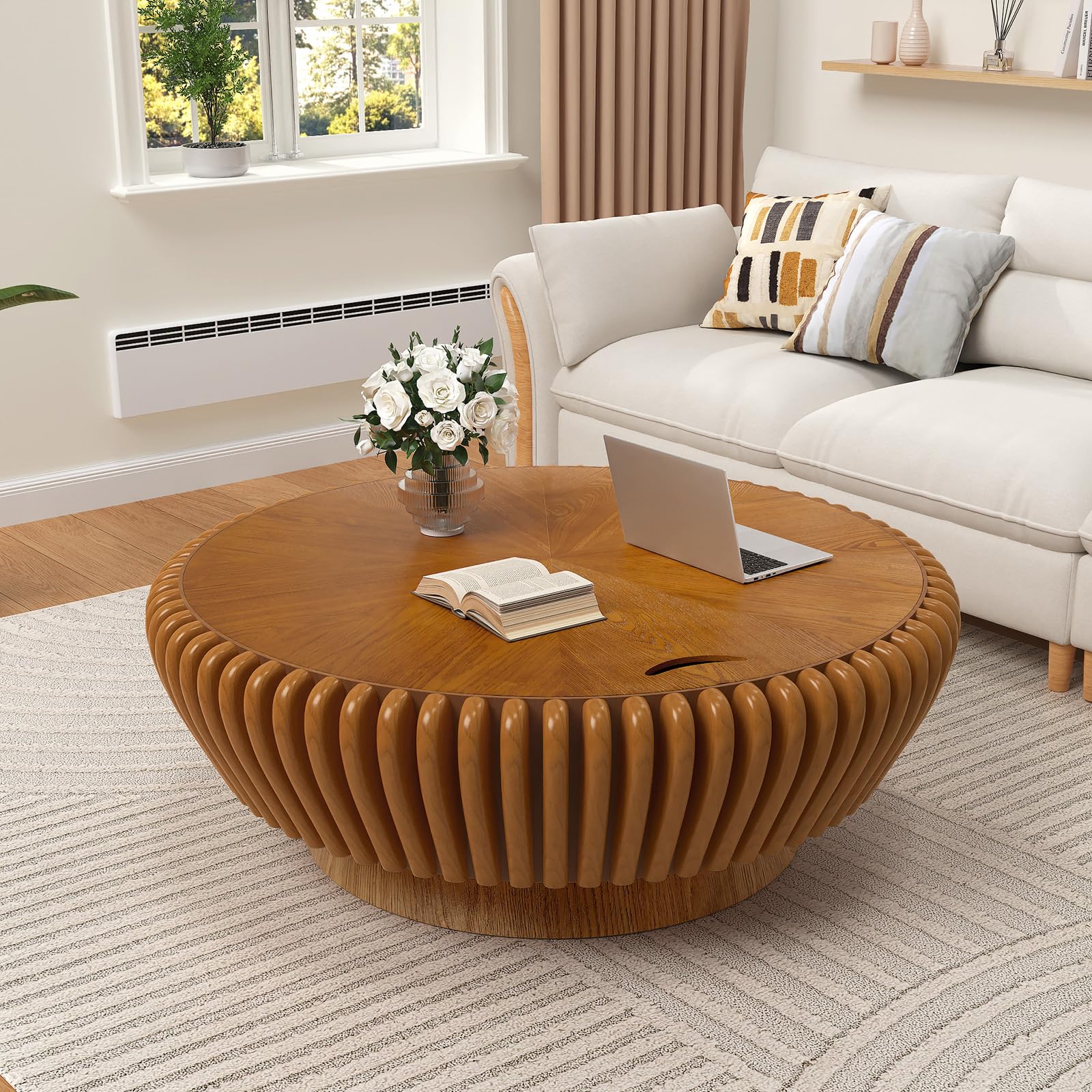 DYHQQ Round Fluted Coffee Table with Sturdy Pedestal Base