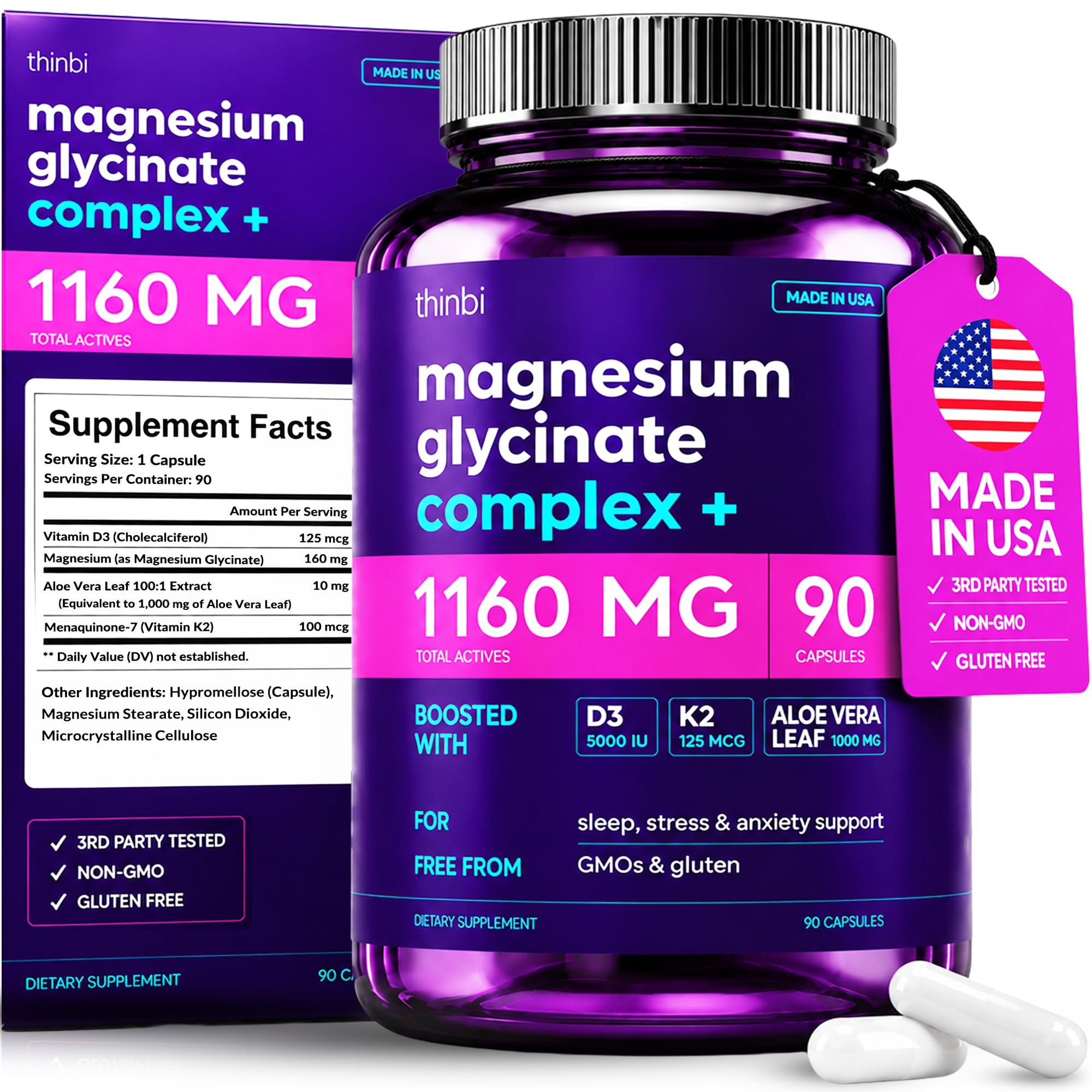 Magnesium Glycinate 1160mg + Aloe Vera, D3 & K2 Complex