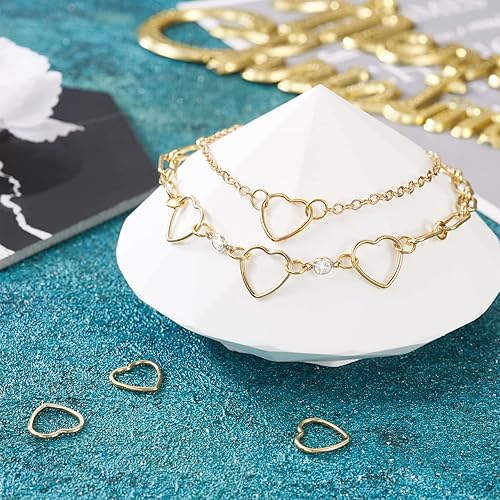 Miniatura 2 de Pandahall 5 anillos de enlace de latón con forma de corazón de oro de 14 quilates, marcos de enlace de bisel abierto, dijes de conector hueco de