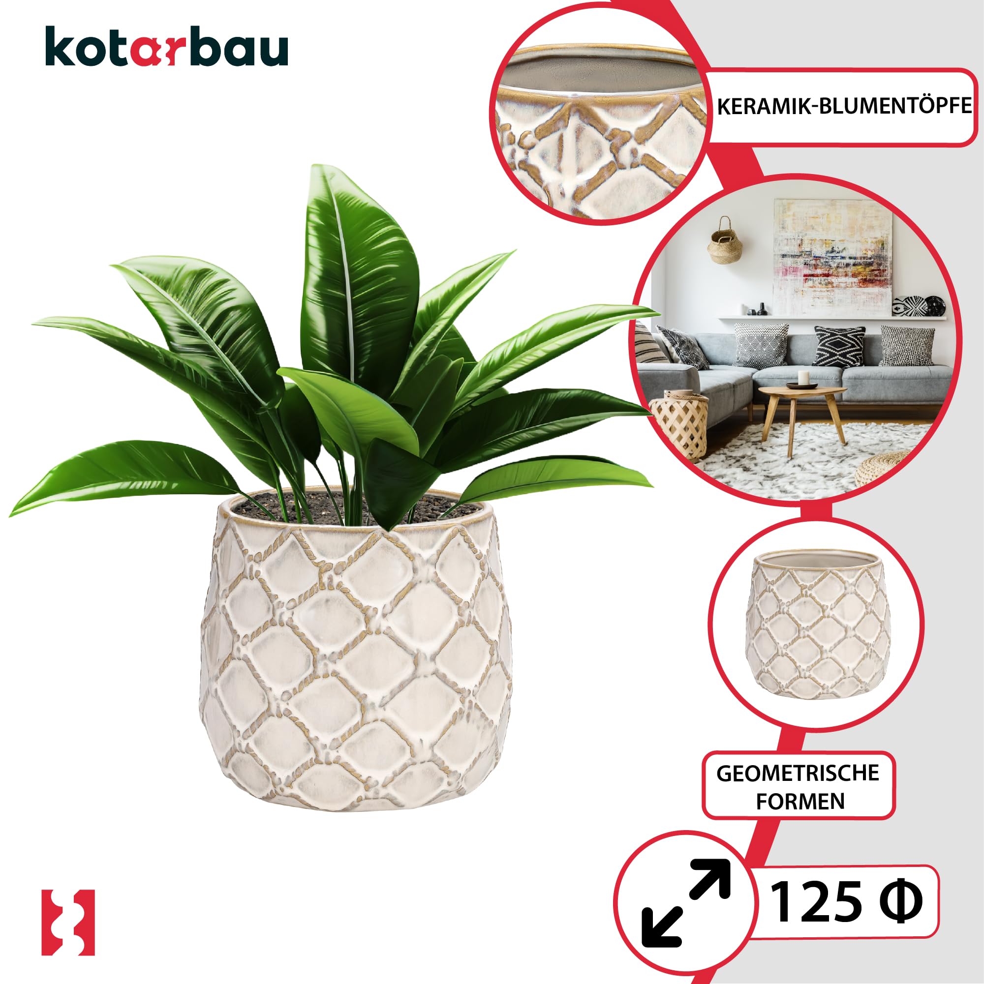 KOTARBAU® 2er Set Keramik-Blumentopf ⌀ 125 mm Übertopf Hell mit Ananas-Motiv