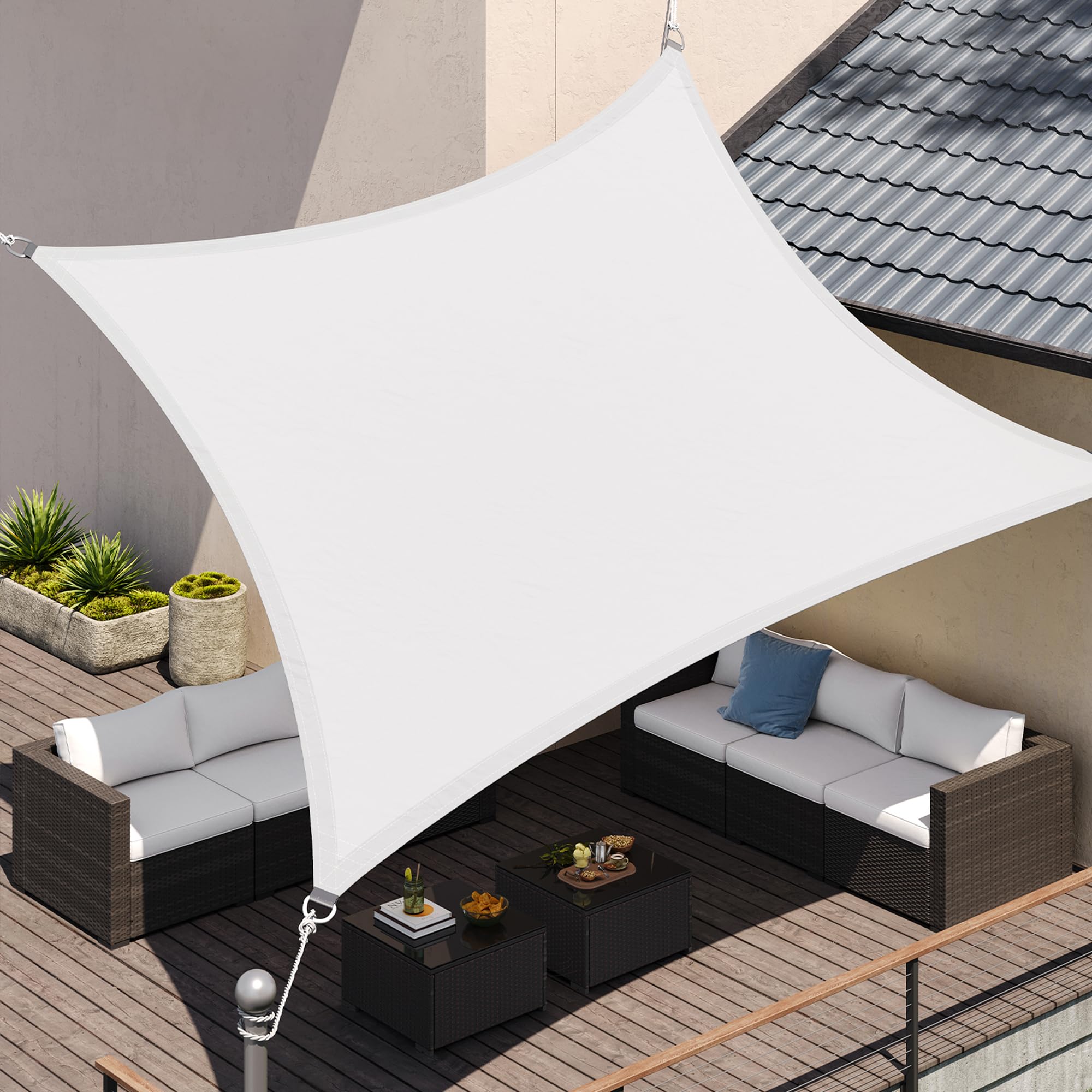 SONGMICS Sonnensegel 3 x 4 m, wasserfest mit Einer Wassersäule von 665 mm, Sonnenschutz aus reißfestem Polyester, UV-Schutz 93%, Terrasse, Garten, Balkon, rechteckig, 2 m Seile, weiß GSH34IVV1