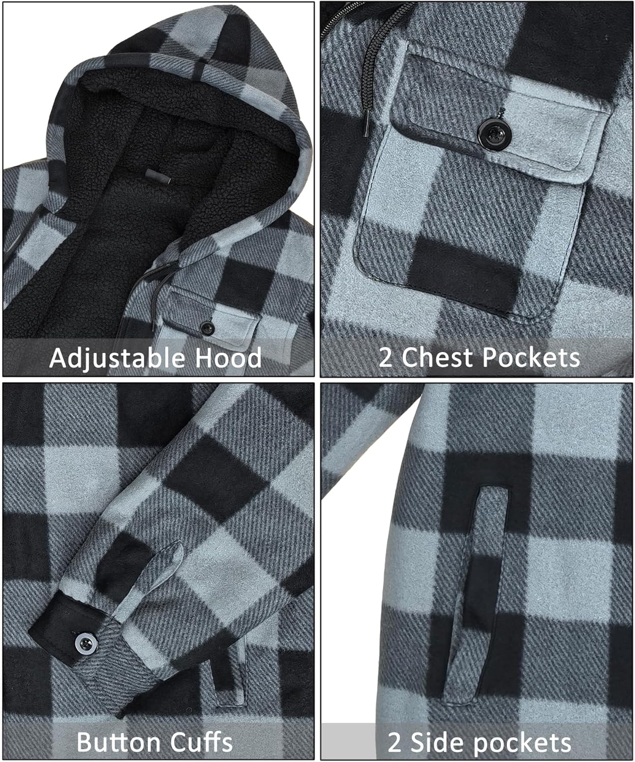 Men's Flannel Jacket Hoodie Full Zip Up Plaid Thick Fleece Sherpa Lined Sweatshirt Winter Warm Coats - Image 4