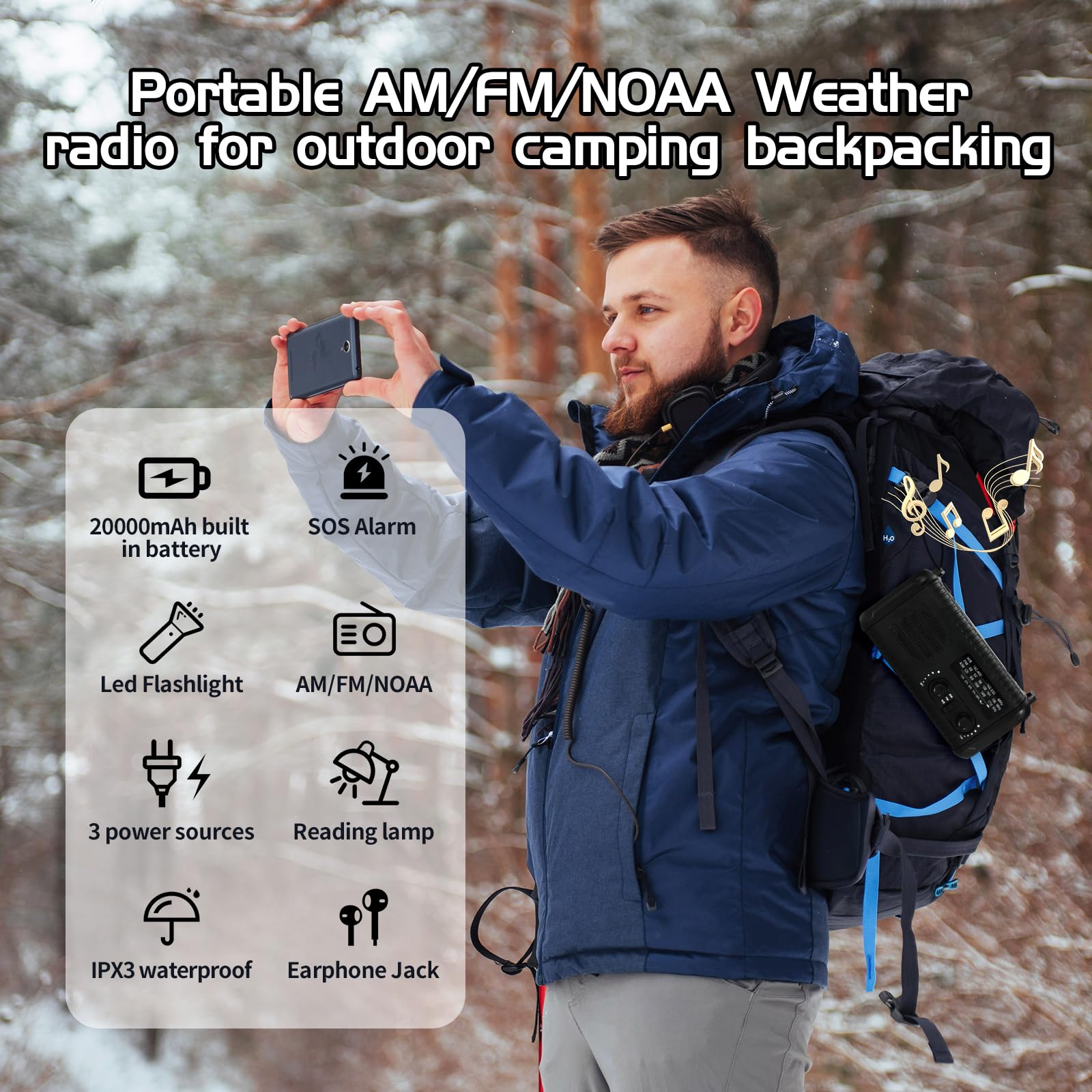 Radio météo d'urgence solaire 20 000 mAh AM/FM/NOAA avec lampe de poche et chargeur téléphone