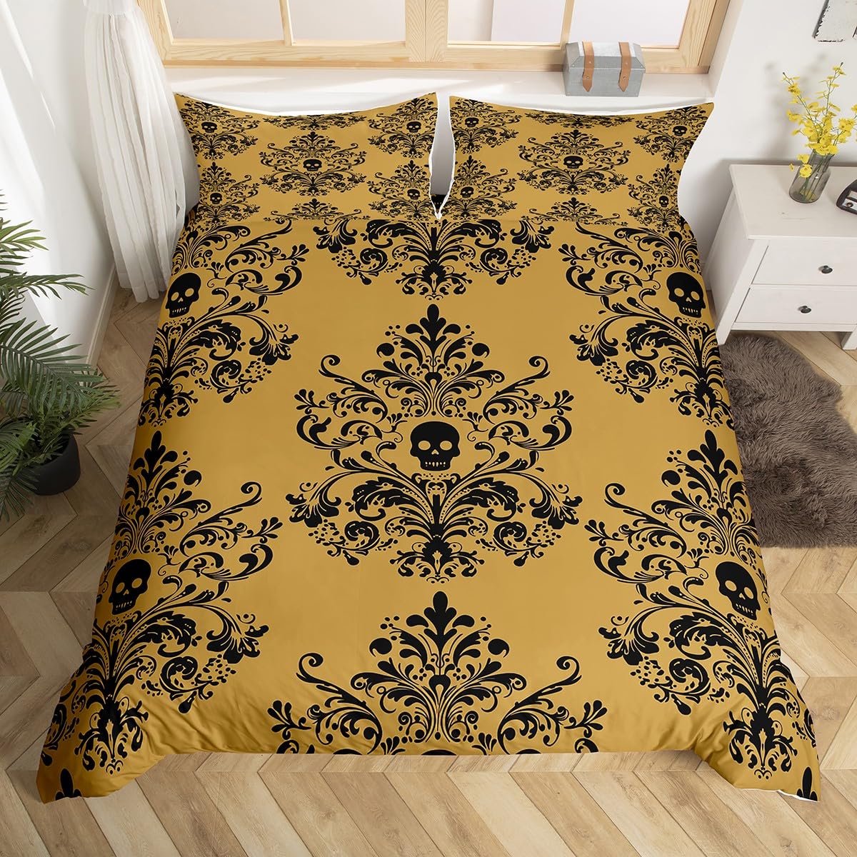 Loussiesd Damask Floral Duvet Cover Junior/Cot Bed Size Boys Girls Vintage Jacquard Bedding Set Breathable Yellow Black Comforter Cover 2Pcs Exotic Sugar Skull Bedroom Decor Microfiber Zipper Closure